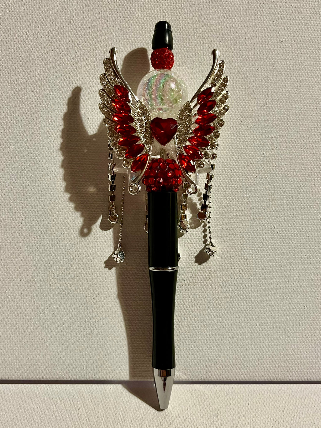 Embellished Angel Wing Ballpoint Pen w/Red Crystal Accents/Iridescent Pavé Bead