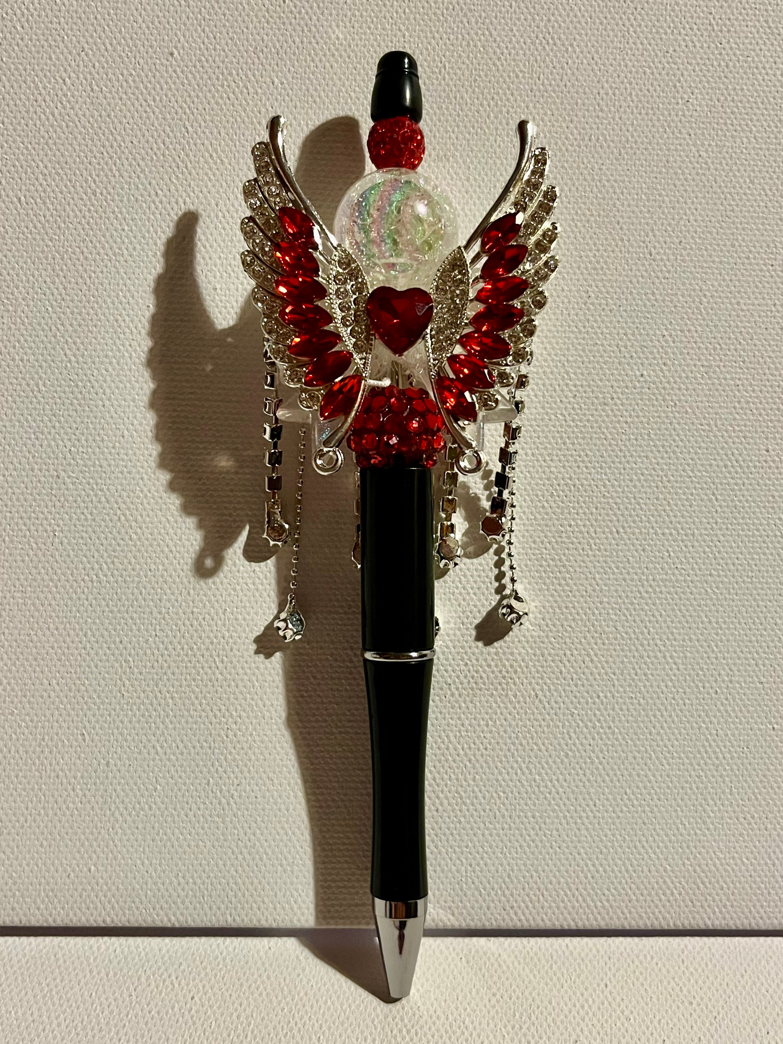 Embellished Angel Wing Ballpoint Pen w/Red Crystal Accents/Iridescent Pavé Bead