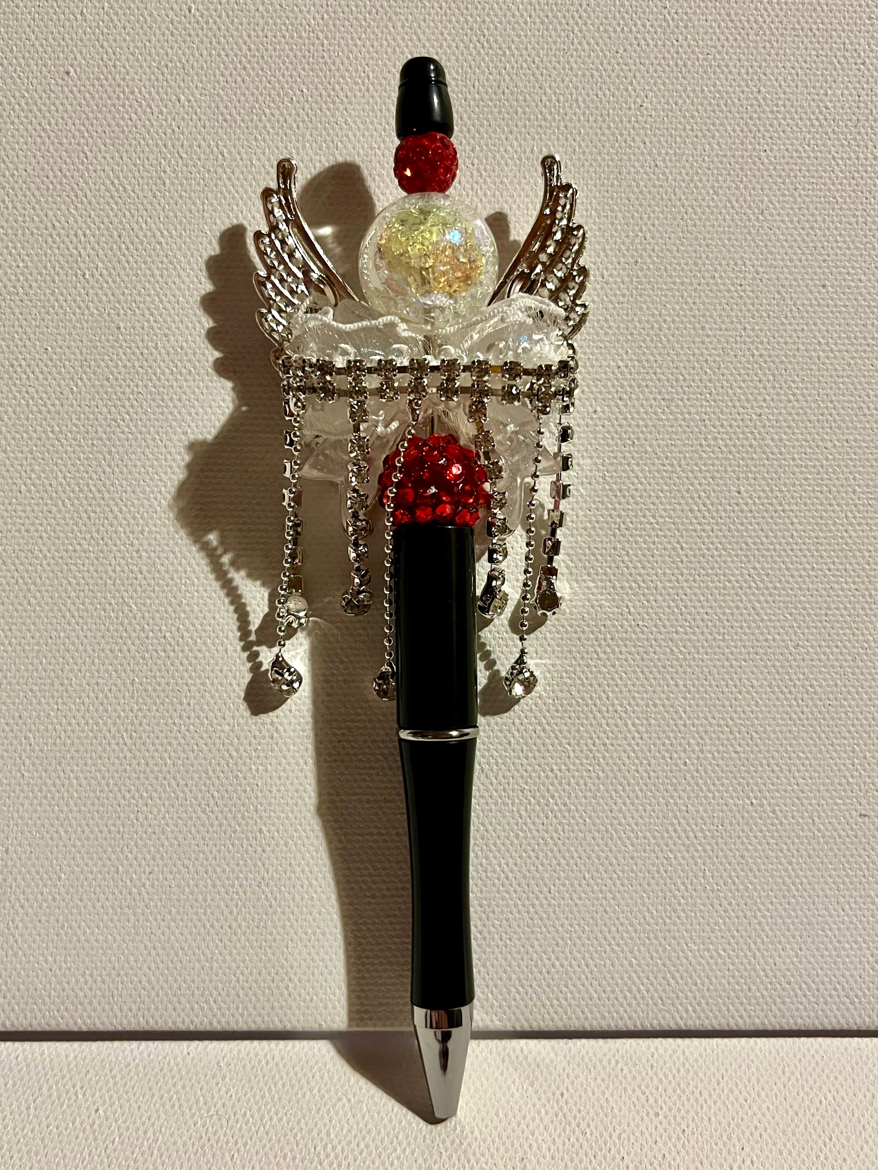 Embellished Angel Wing Ballpoint Pen w/Red Crystal Accents/Iridescent Pavé Bead