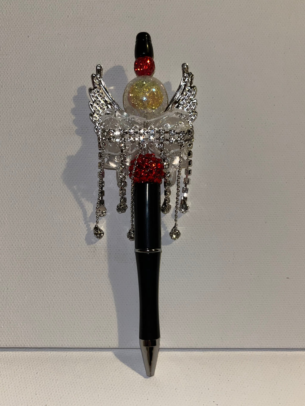 Embellished Angel Wing Ballpoint Pen w/Red Crystal Accents/Iridescent Pavé Bead