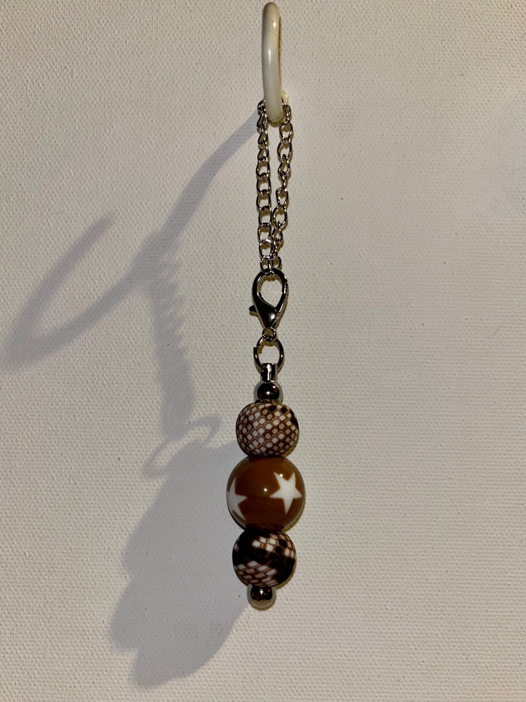 Silver-tone Cup Charm w/Brown & Black Camouflage & Brown Bead w/White Stars