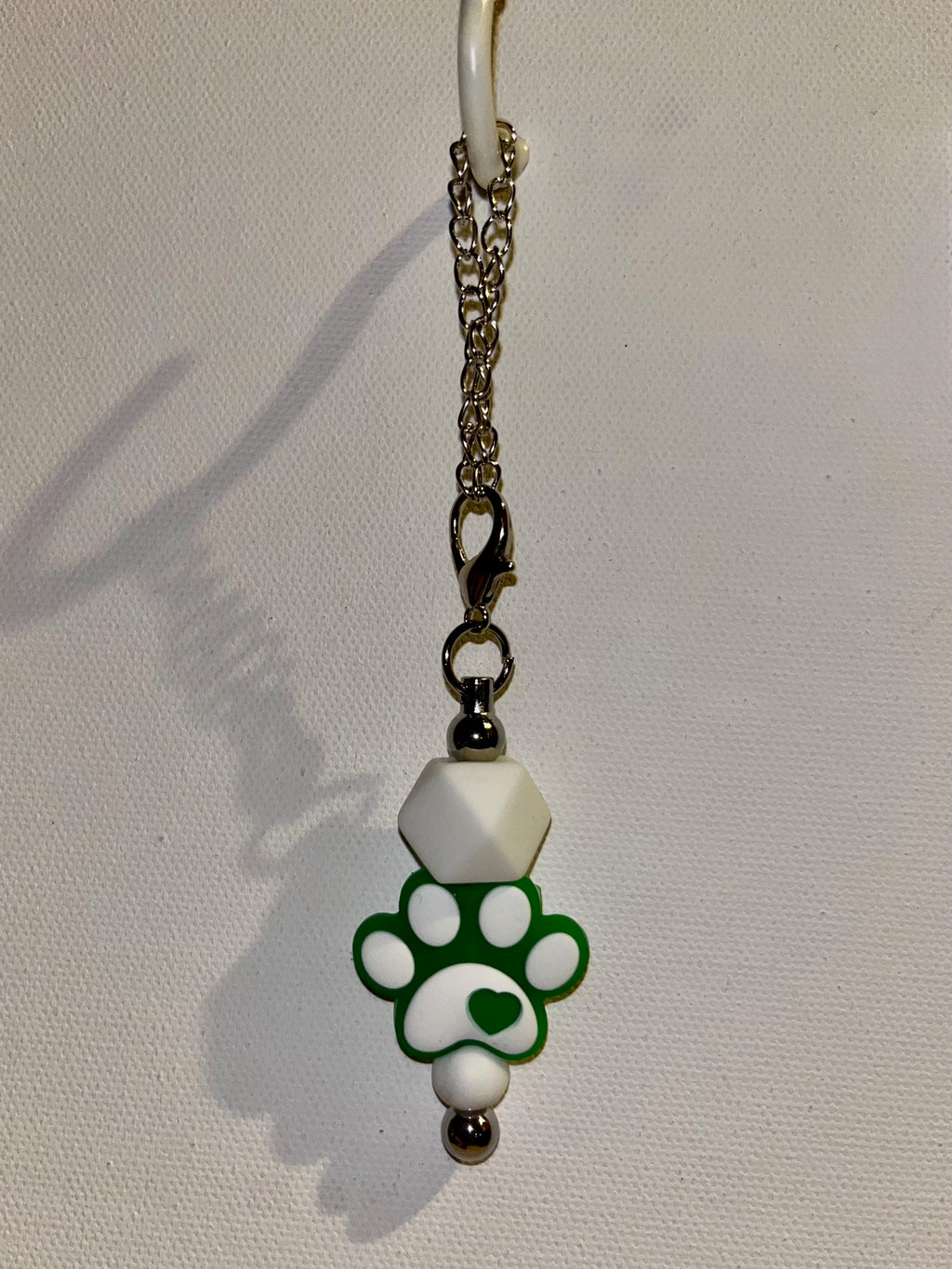 Green & White Paw Silver-tone Cup Charm with Heart & White Faceted Bead Accents