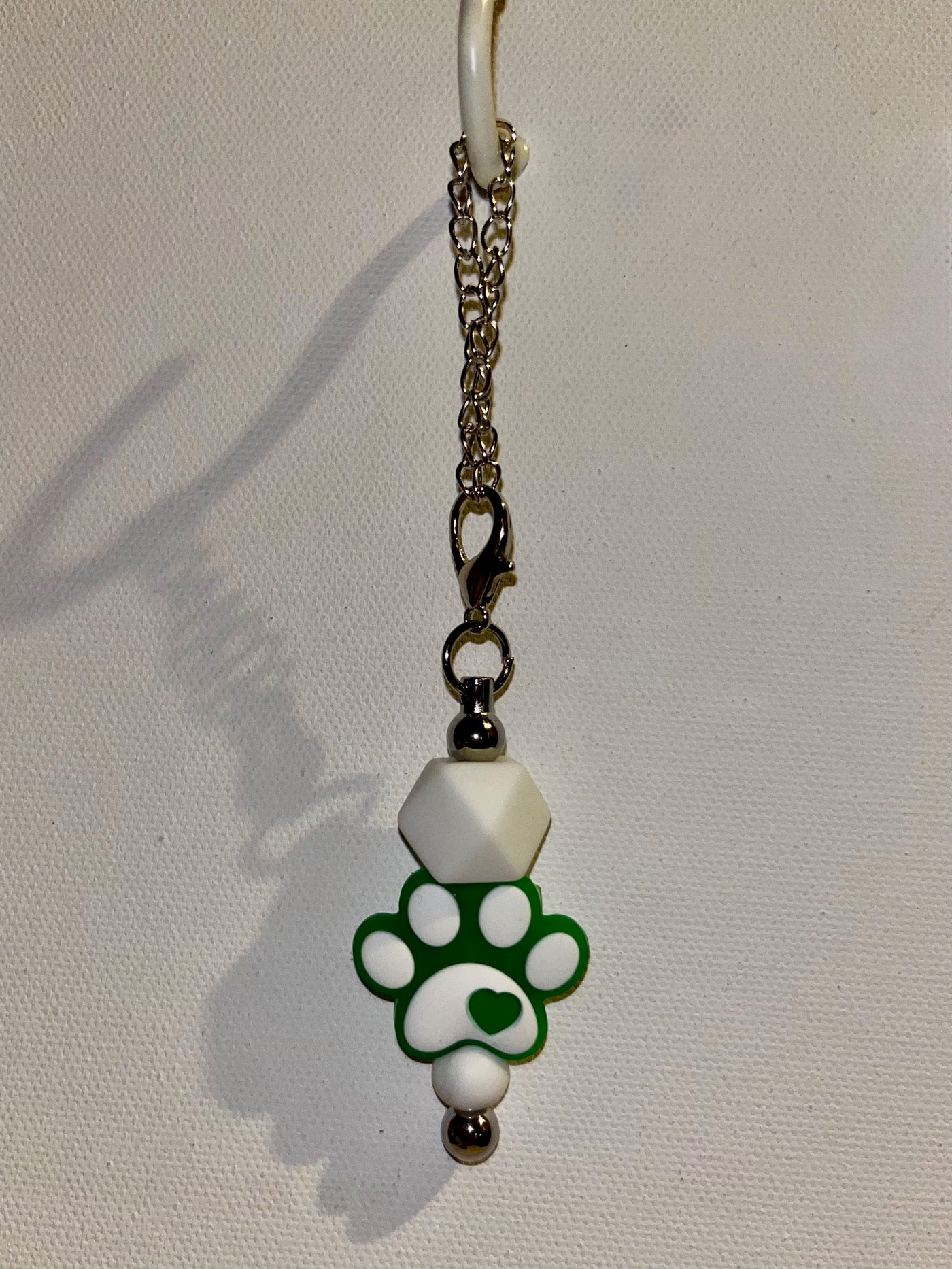 Green & White Paw Silver-tone Cup Charm with Heart & White Faceted Bead Accents