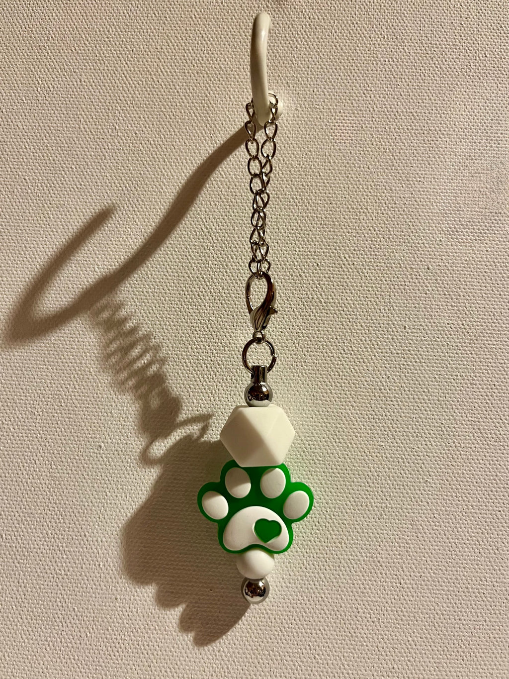 Green & White Paw Silver-tone Cup Charm with Heart & White Faceted Bead Accents