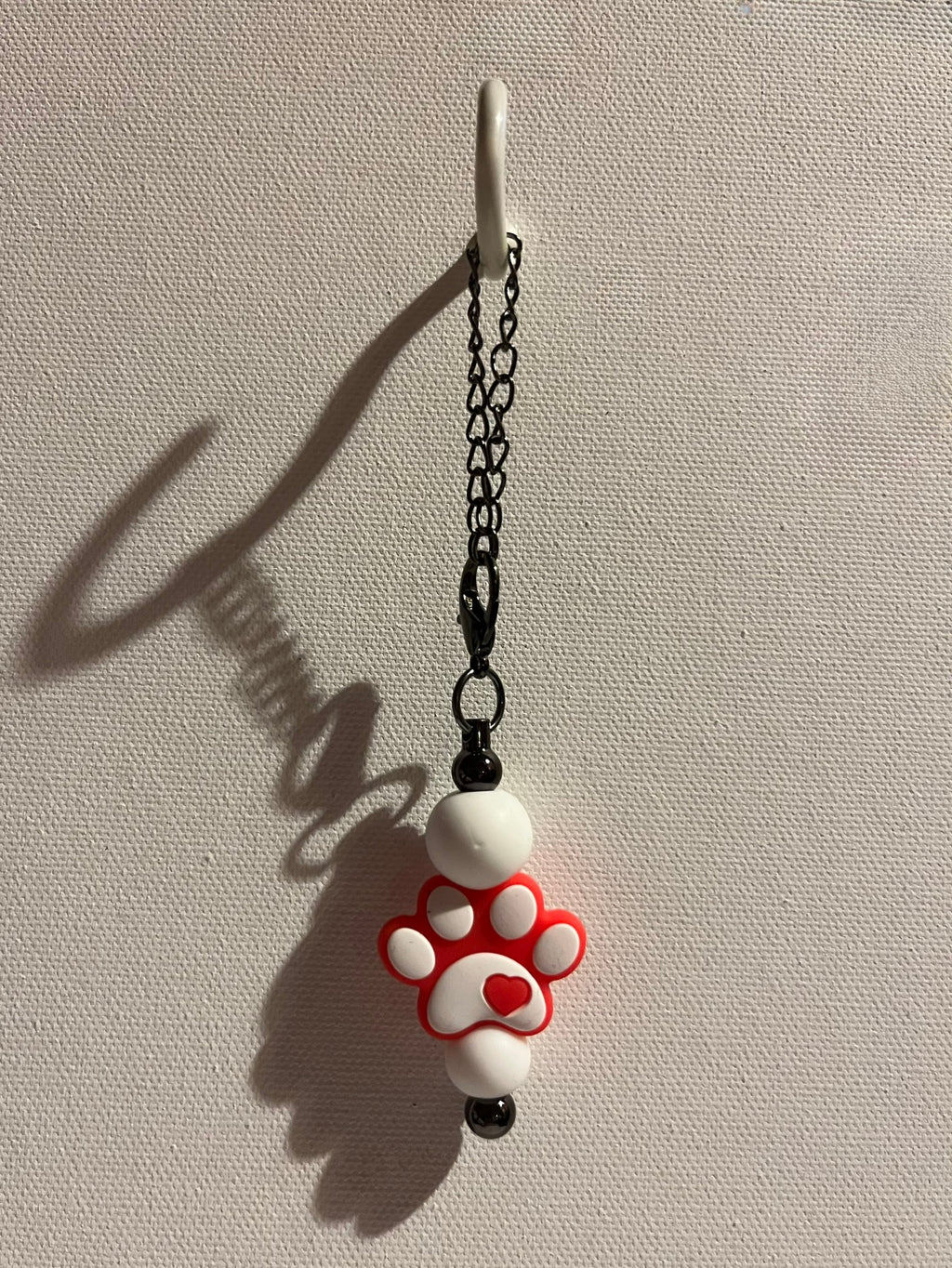 Silver-tone Cup Charm Featuring Red and White Paw w/Heart & White Beads