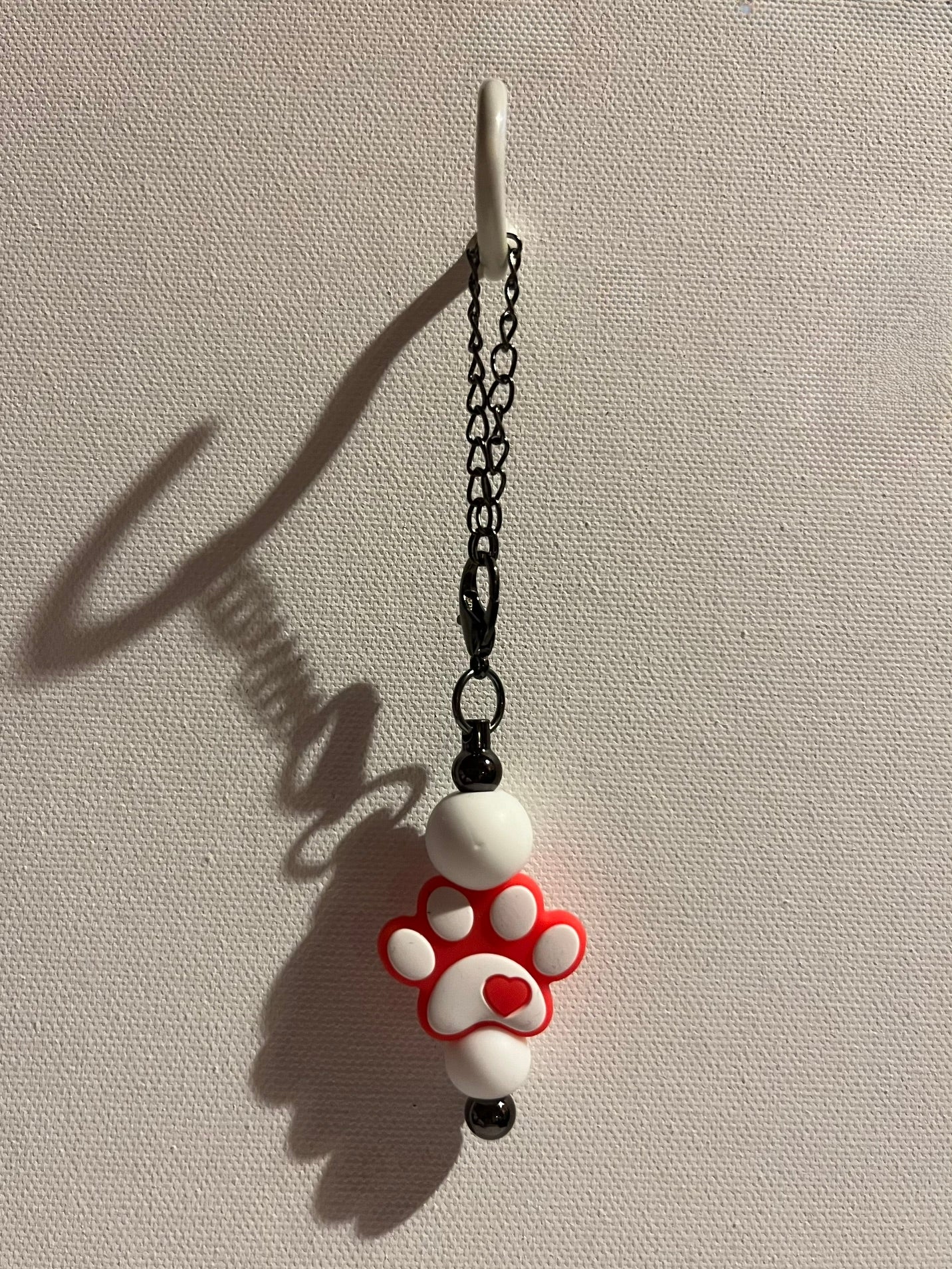 Silver-tone Cup Charm Featuring Red and White Paw w/Heart & White Beads
