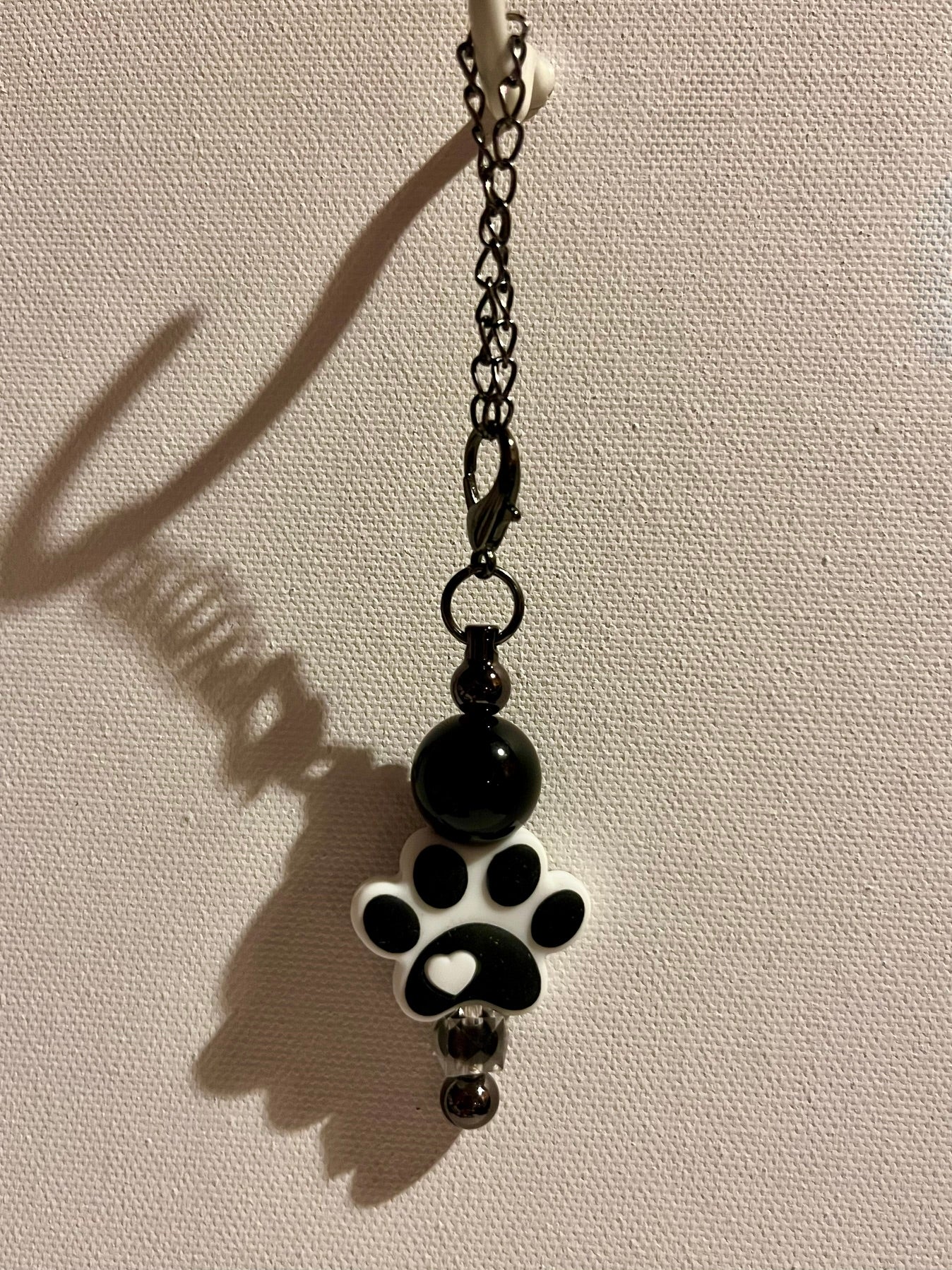 Black & White Paw Print Cup Charm w/Sparkly Beads w/White Heart Accents