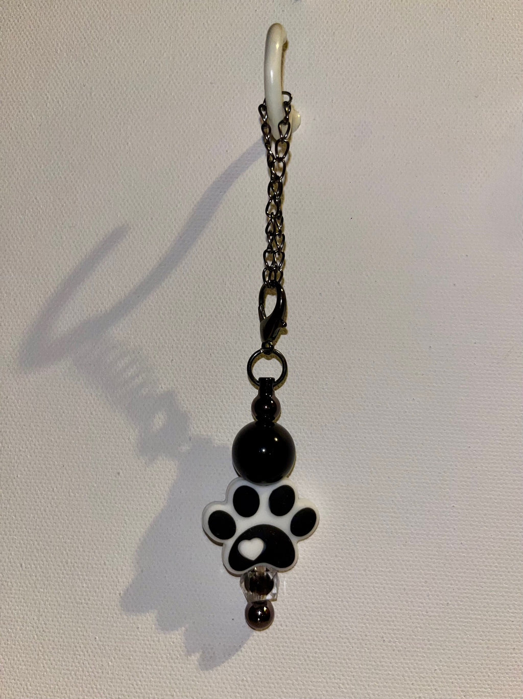 Black & White Paw Print Cup Charm w/Sparkly Beads w/White Heart Accents