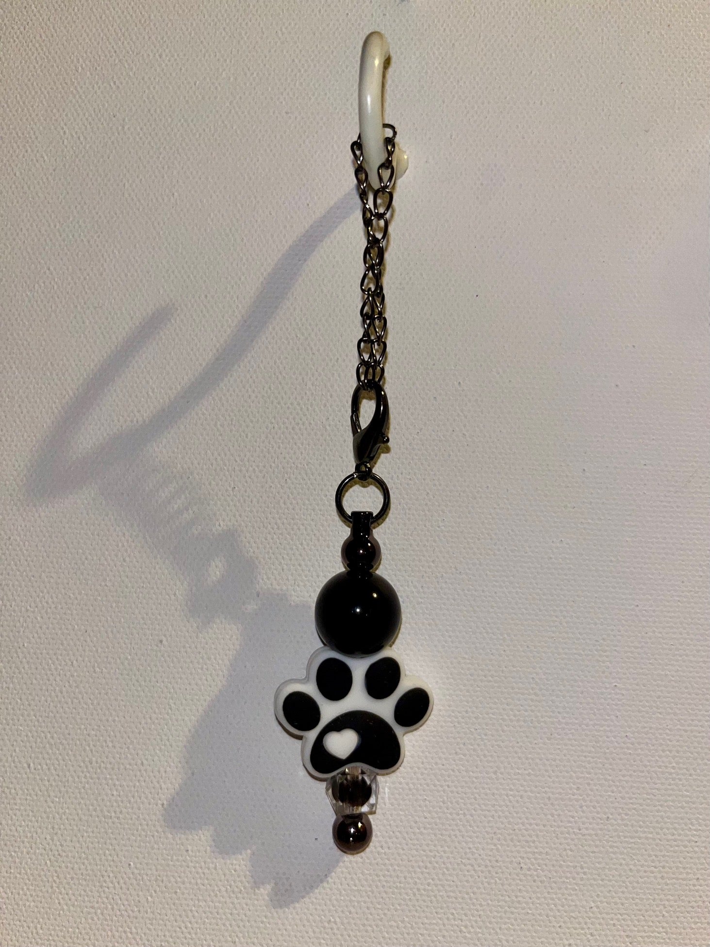 Black & White Paw Print Cup Charm w/Sparkly Beads w/White Heart Accents
