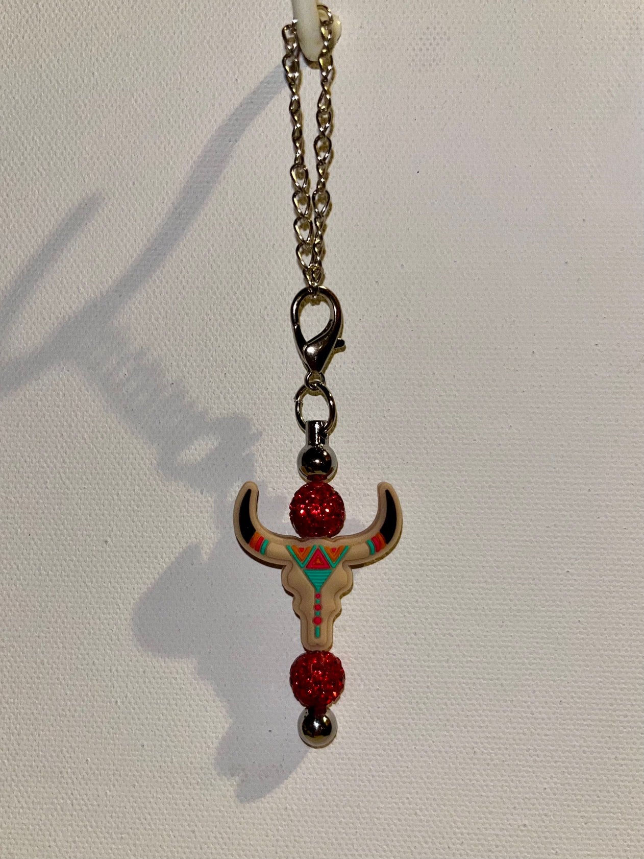 Silver-tone Cup Charm Feat Western Bull Skull Pendant w/Red Rhinestone Accents