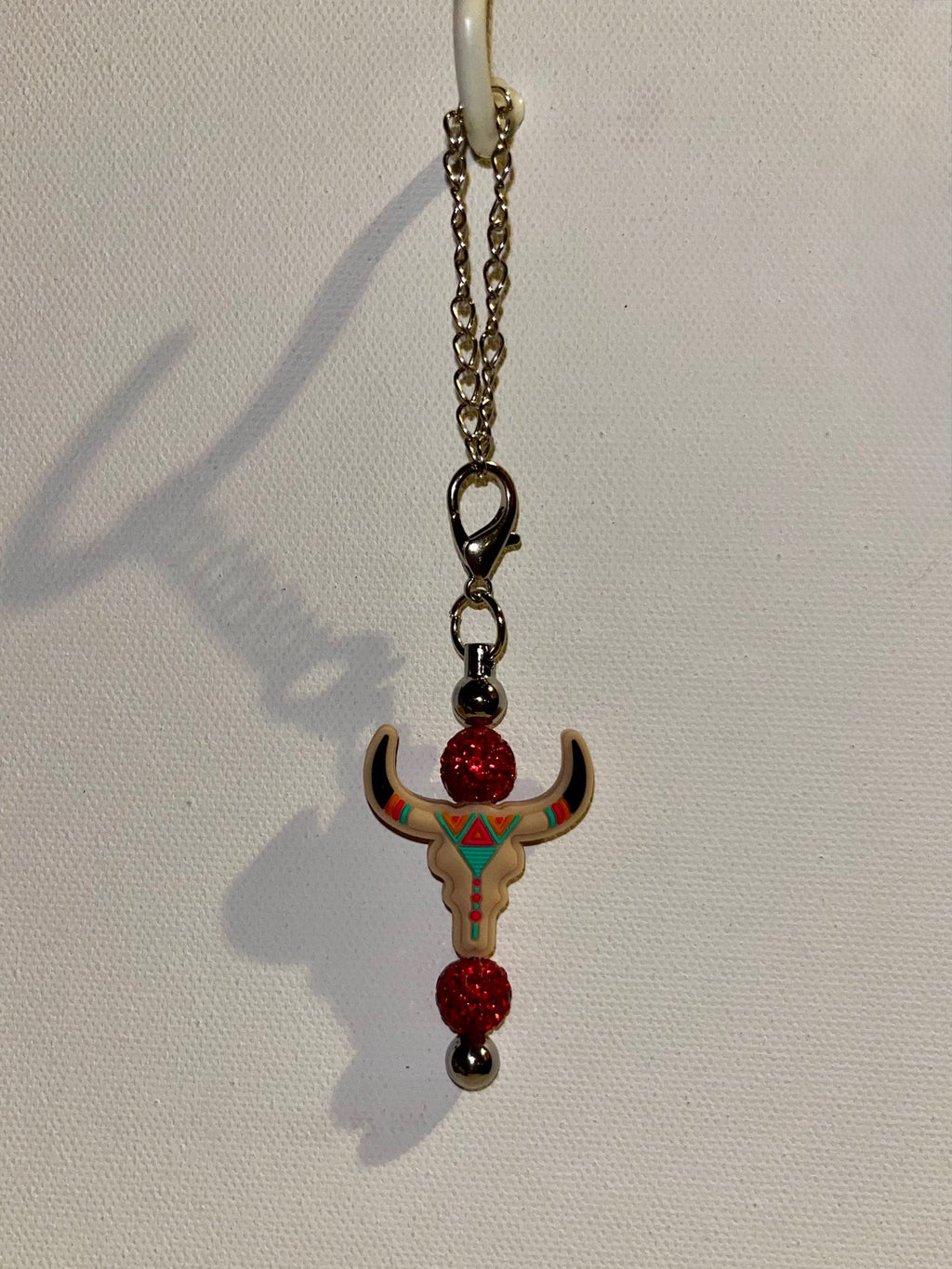 Silver-tone Cup Charm Feat Western Bull Skull Pendant w/Red Rhinestone Accents