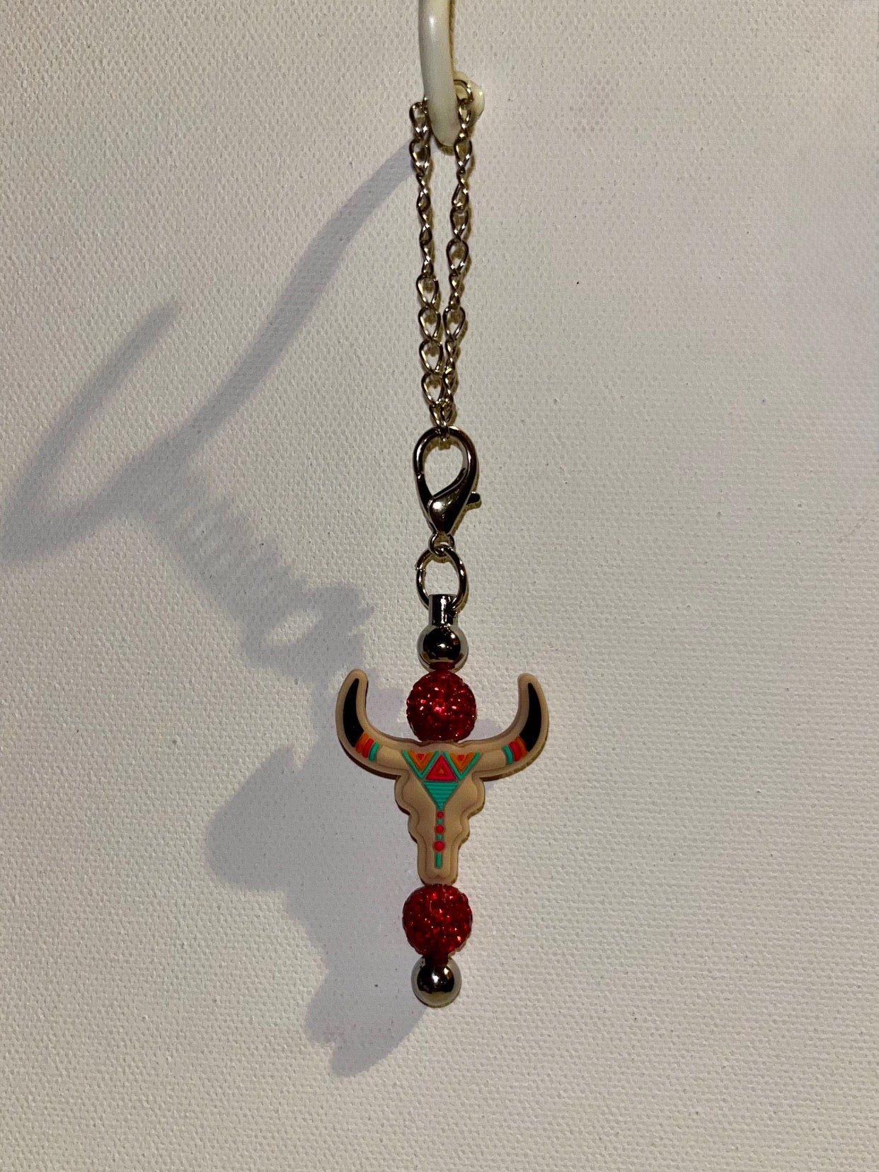 Silver-tone Cup Charm Feat Western Bull Skull Pendant w/Red Rhinestone Accents
