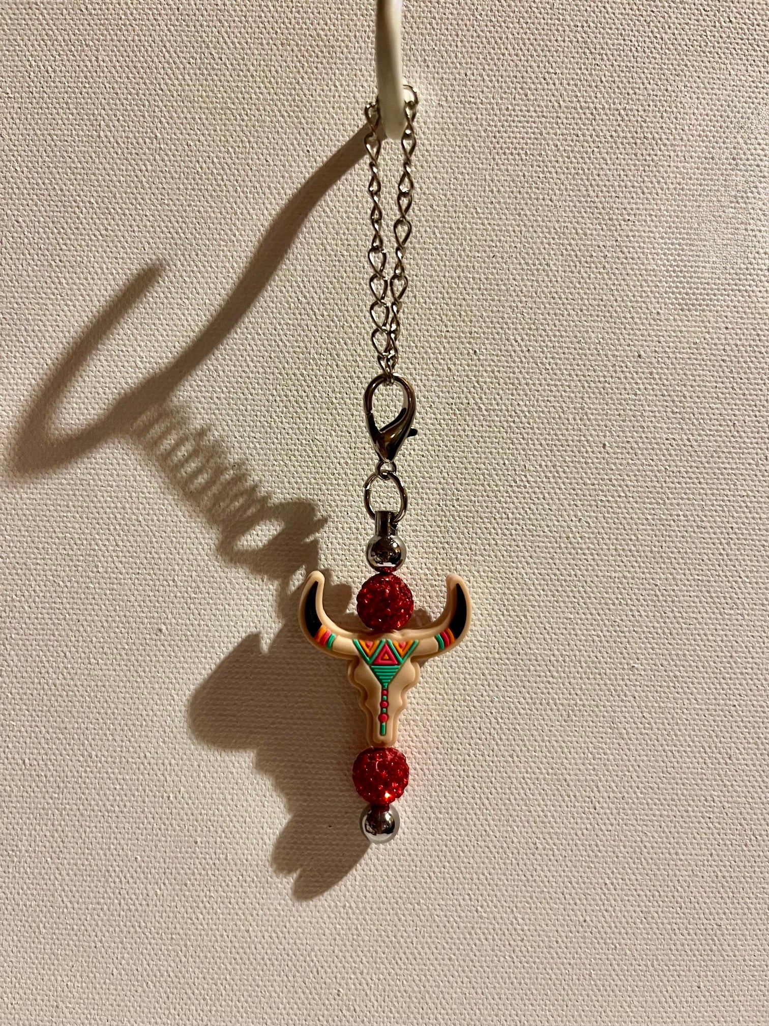 Silver-tone Cup Charm Feat Western Bull Skull Pendant w/Red Rhinestone Accents