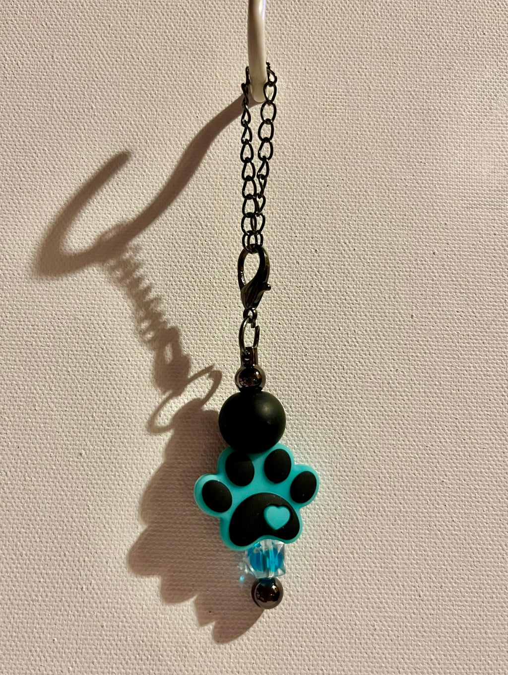 Black & Turquoise Heart Paw Print Cup Charm w/Faceted Aqua Bead Accent