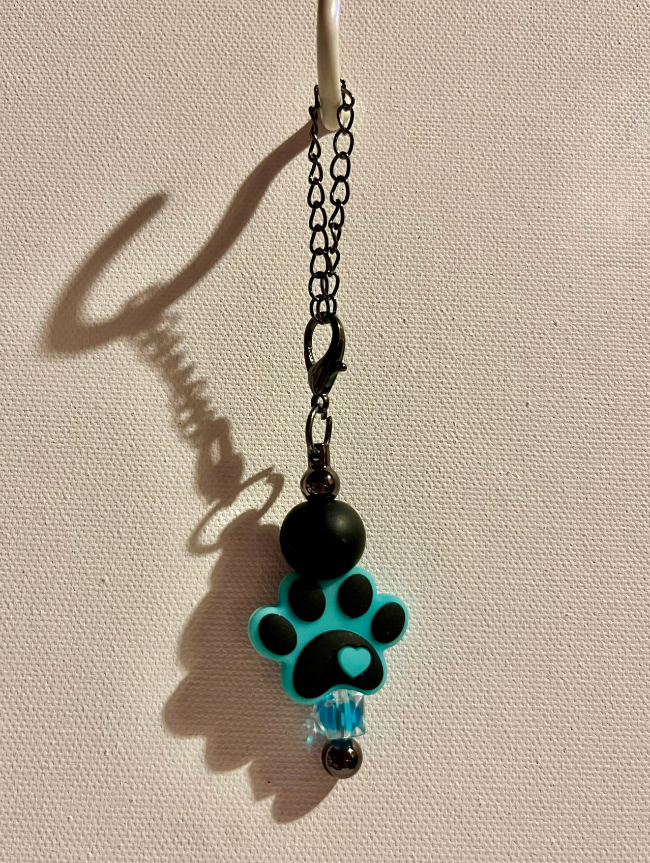 Black & Turquoise Heart Paw Print Cup Charm w/Faceted Aqua Bead Accent