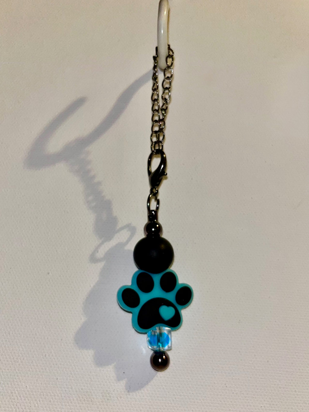 Black & Turquoise Heart Paw Print Cup Charm w/Faceted Aqua Bead Accent