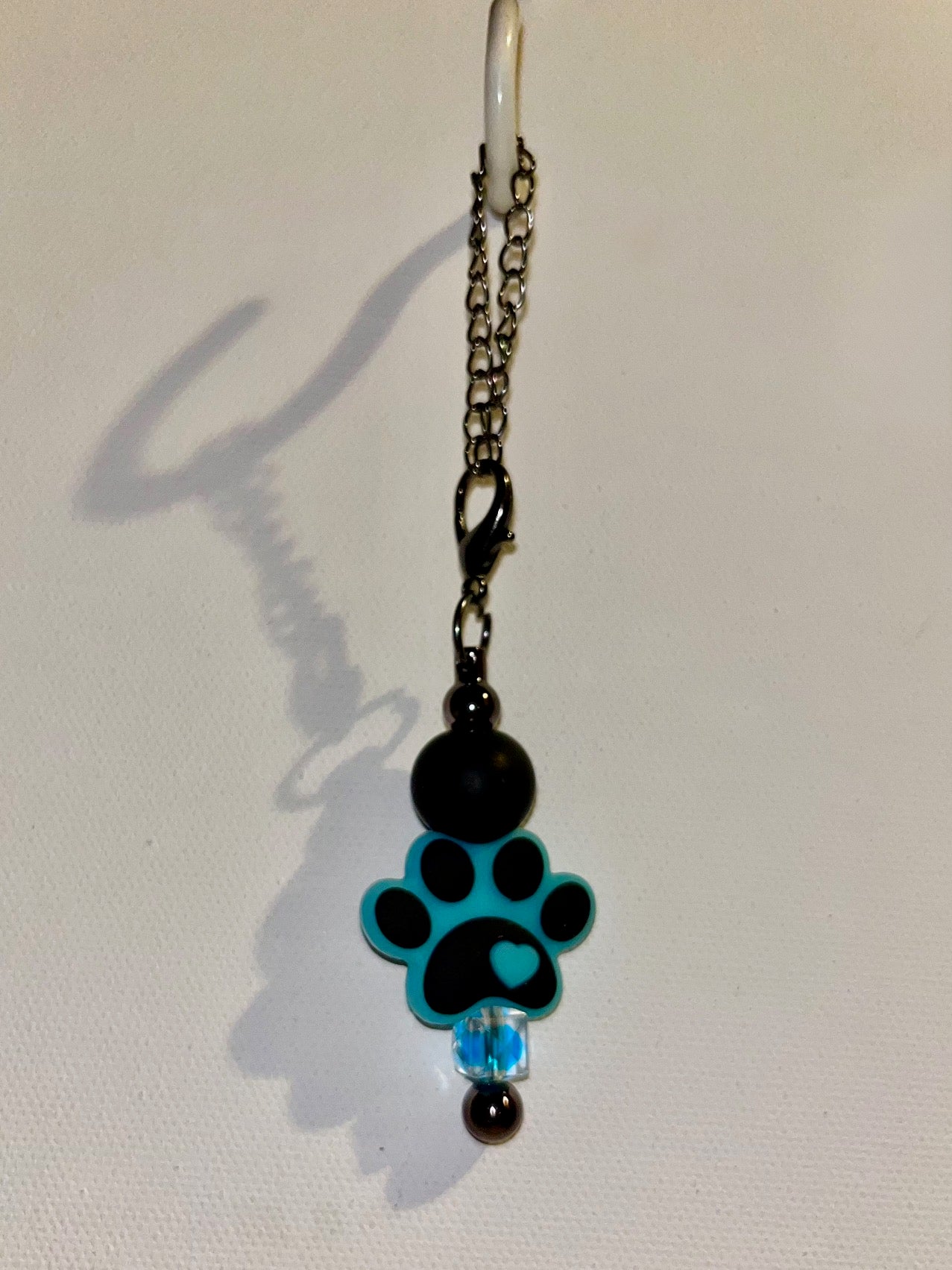 Black & Turquoise Heart Paw Print Cup Charm w/Faceted Aqua Bead Accent