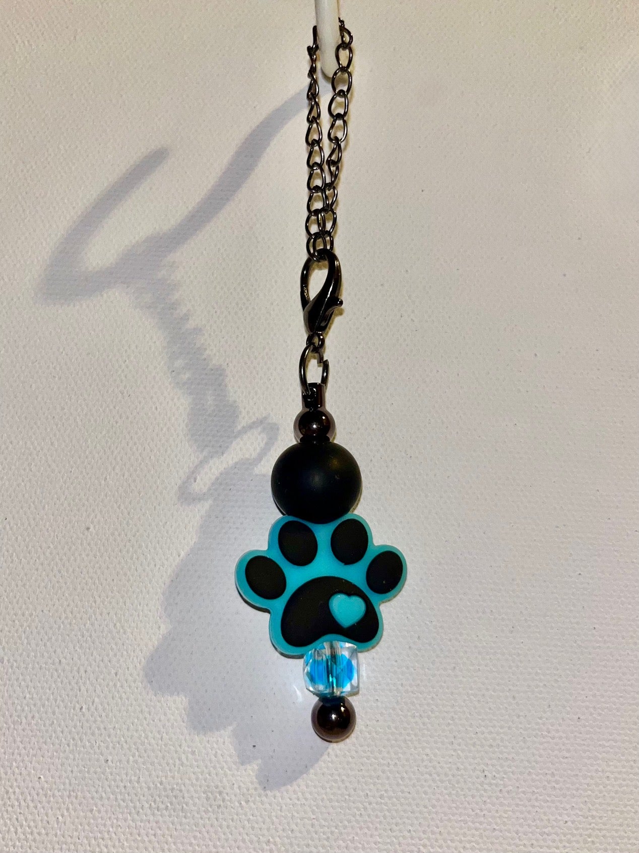 Black & Turquoise Heart Paw Print Cup Charm w/Faceted Aqua Bead Accent