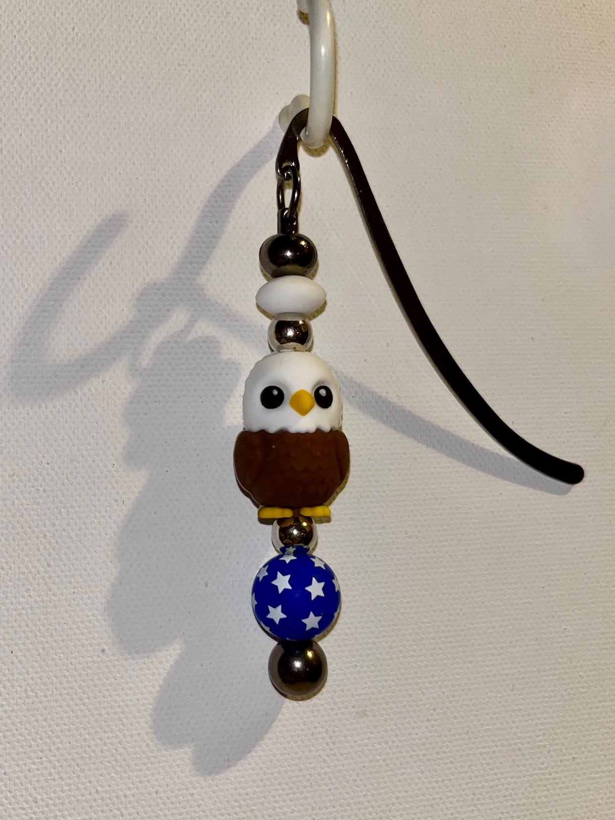 Cute Patriotic Brown & White Eagle Bookmark Featuring a Blue Bead w/White Stars