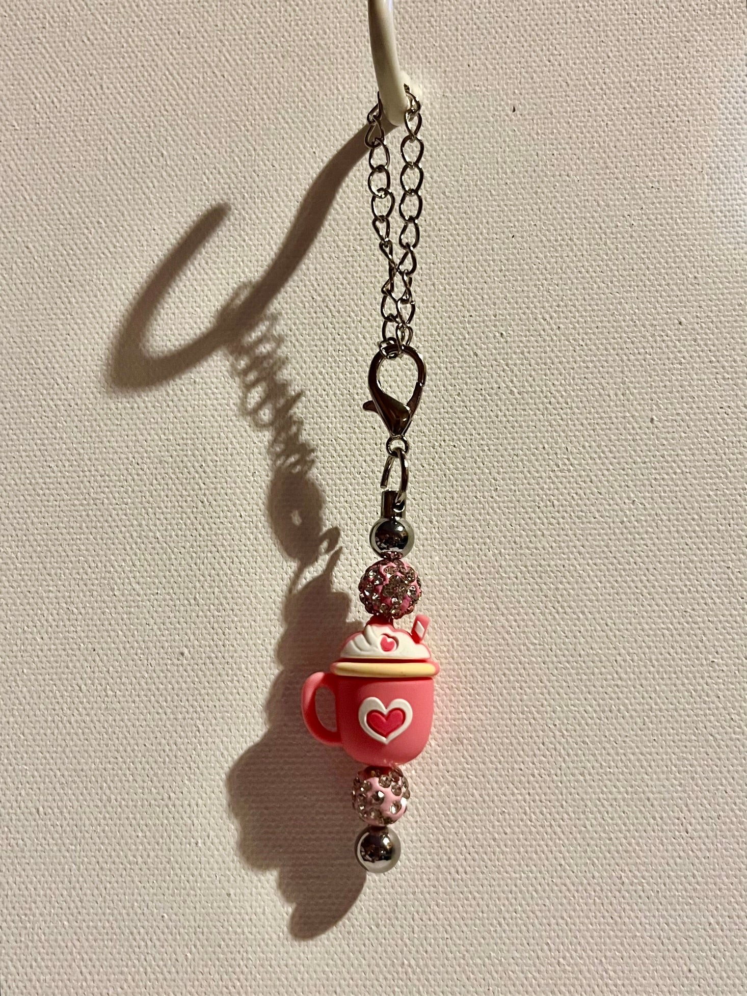 Pink Hot Chocolate/Coffee Mug w/Hearts Cup Charm Featuring Pink Rhinestone Beads