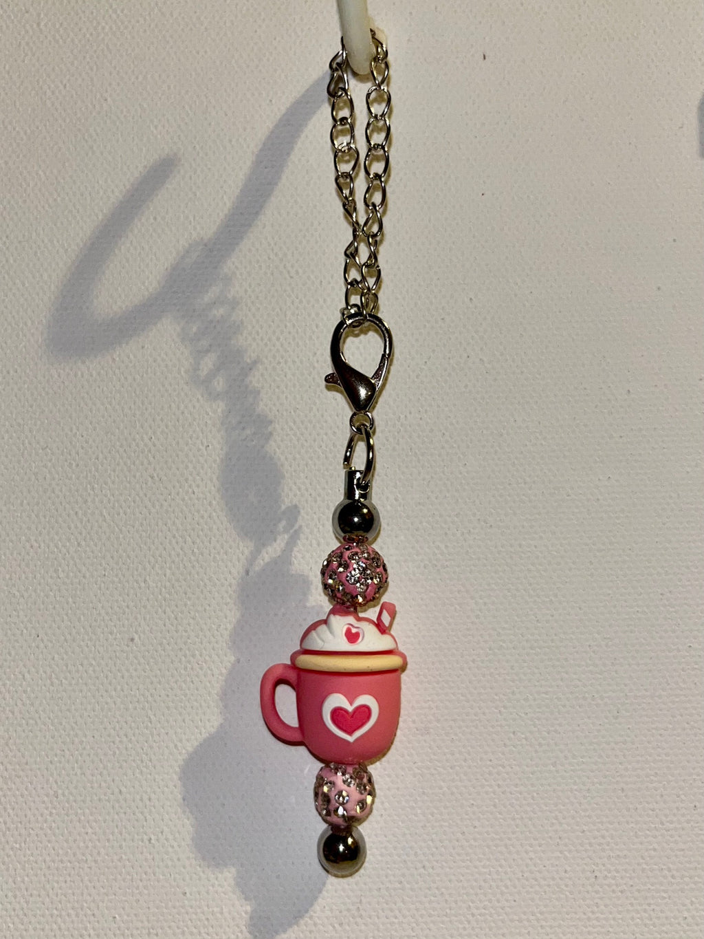 Pink Hot Chocolate/Coffee Mug w/Hearts Cup Charm Featuring Pink Rhinestone Beads