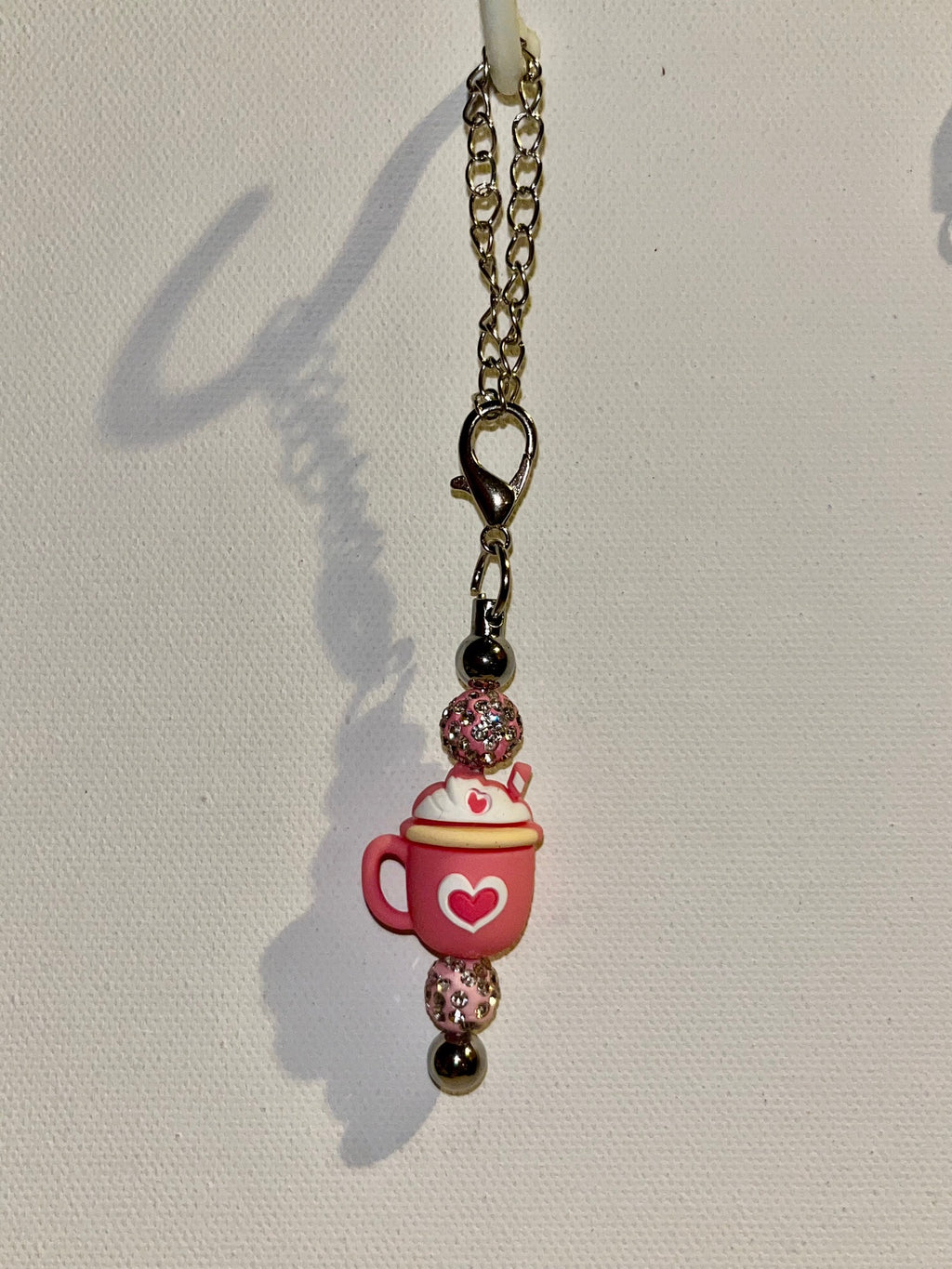 Pink Hot Chocolate/Coffee Mug w/Hearts Cup Charm Featuring Pink Rhinestone Beads