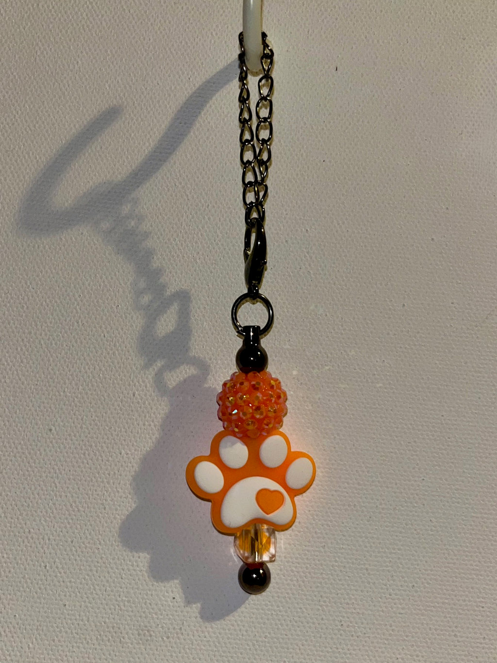Orange & White Paw Cup Charm w/Iridescent Orange Pavé Bead & Clear Faceted Bead