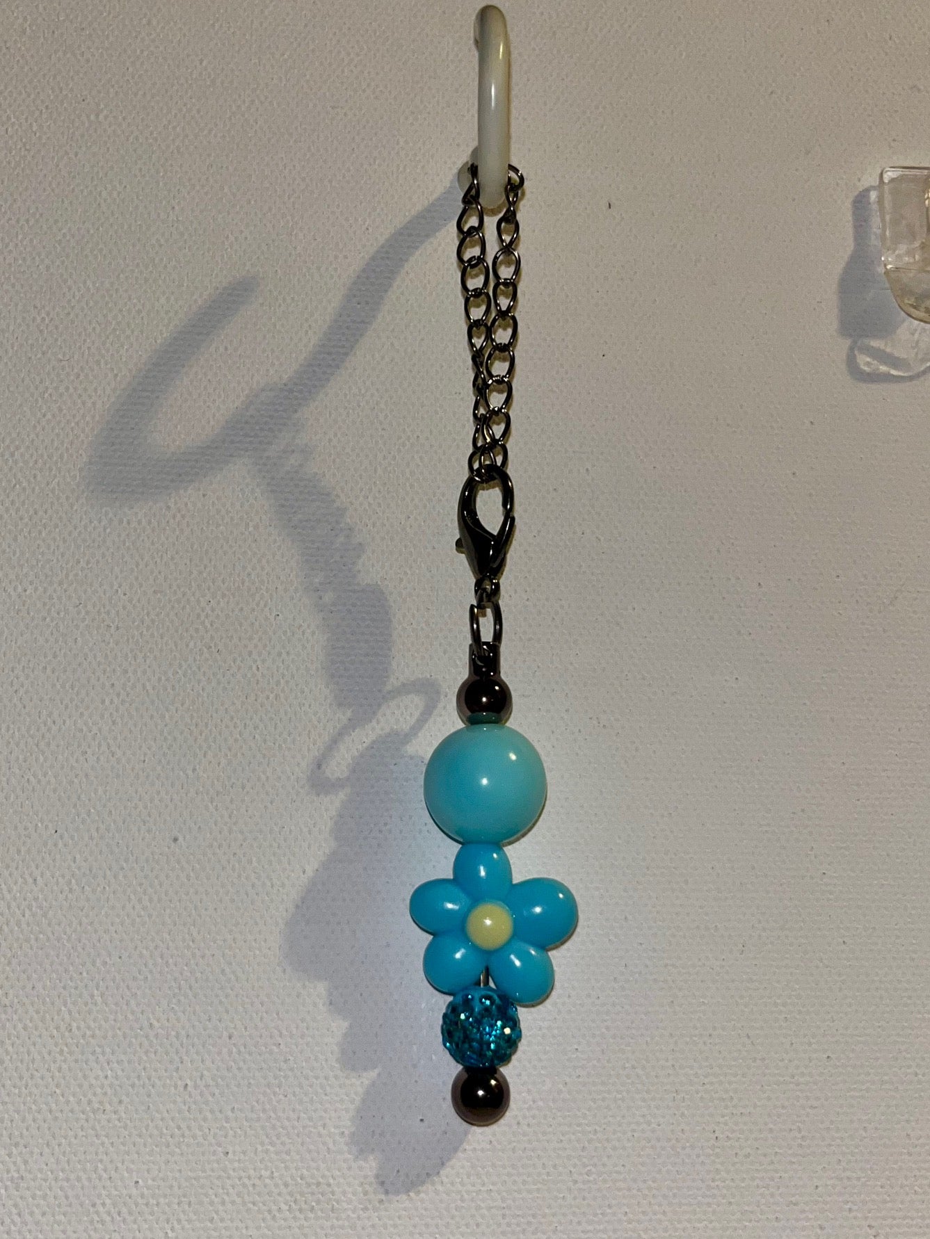 Aqua Flower w/Yellow Center Bead Cup Charm Featuring Turquoise Rhinestone Bead
