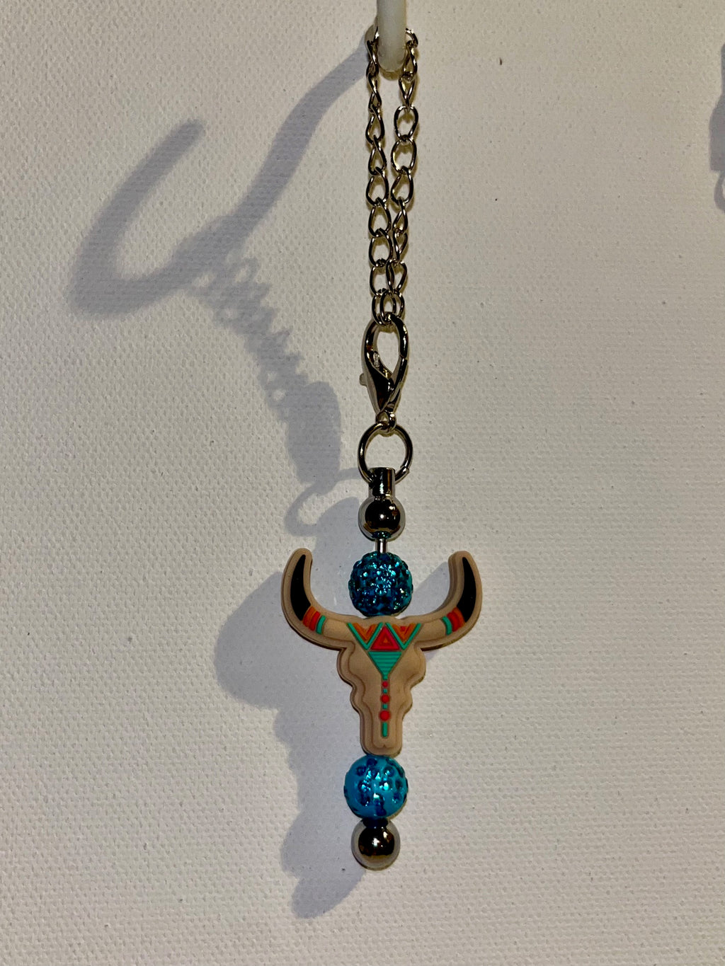 Tan Bull Skull Cup Charm w/Coral, Turquoise, Black & Rhinestone Accents