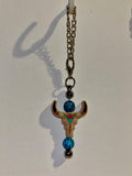 Tan Bull Skull Cup Charm w/Coral, Turquoise, Black & Rhinestone Accents