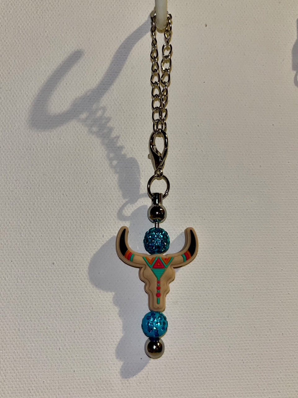 Tan Bull Skull Cup Charm w/Coral, Turquoise, Black & Rhinestone Accents