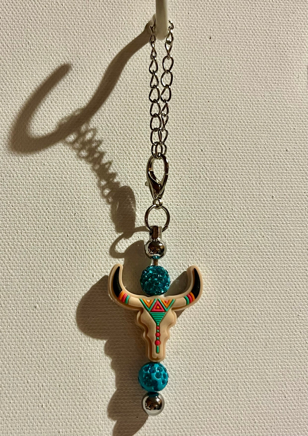 Tan Bull Skull Cup Charm w/Coral, Turquoise, Black & Rhinestone Accents