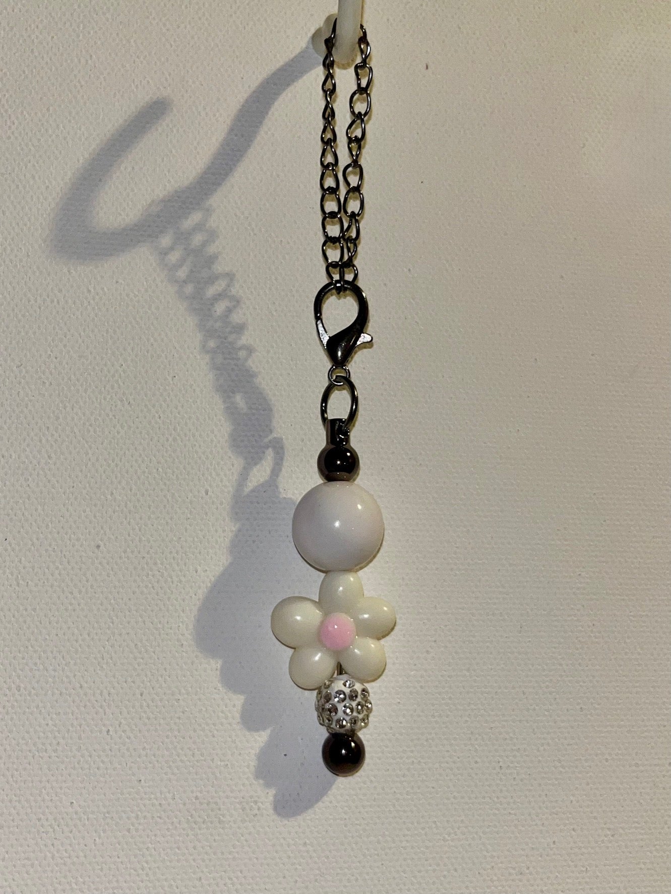 Ivory, White & Pink Floral Bead Cup Charm w/Rhinestone Accents