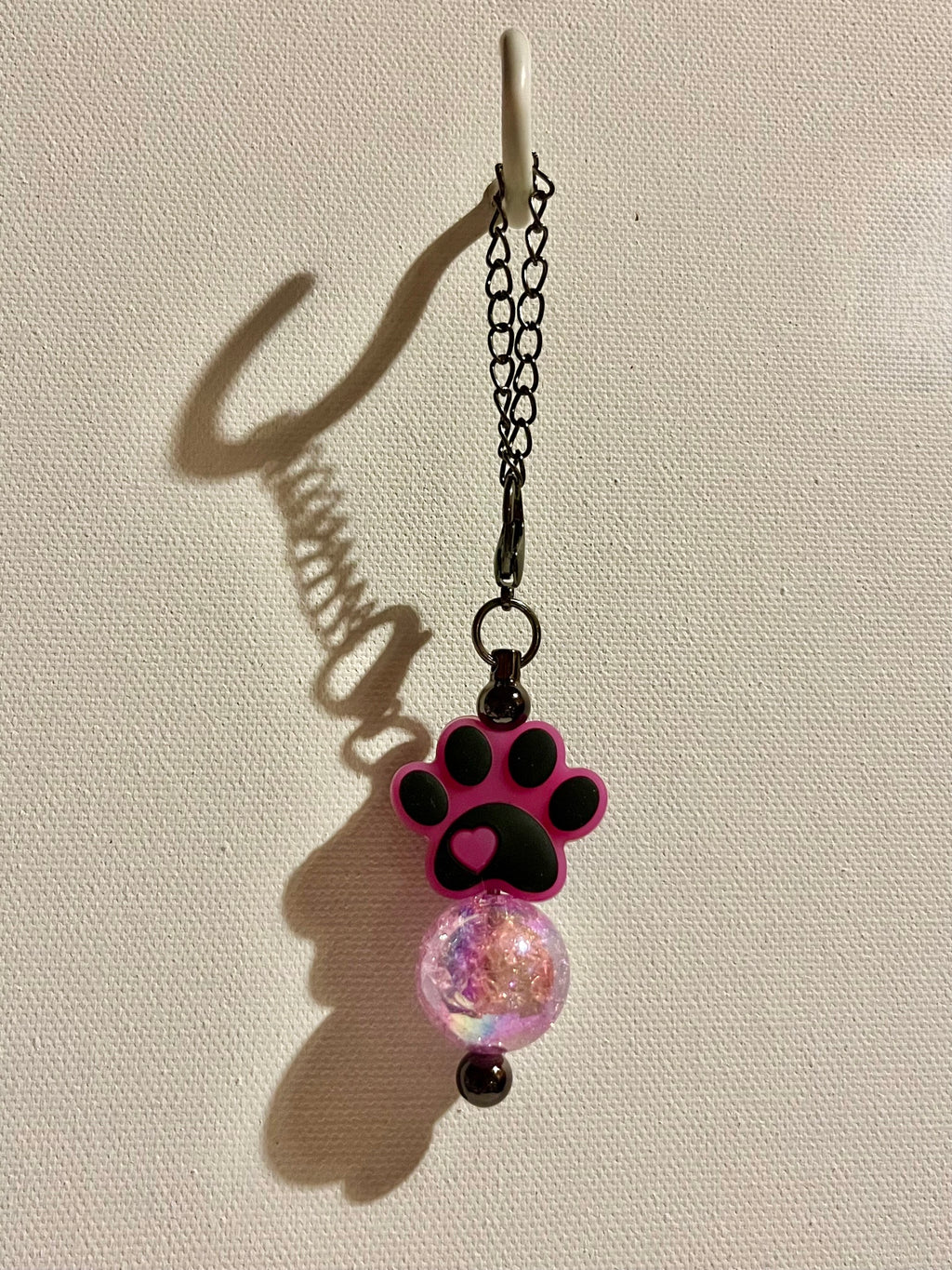 Fuchsia & Black Paw Print Cup Charm with Iridescent Multicolored Bead