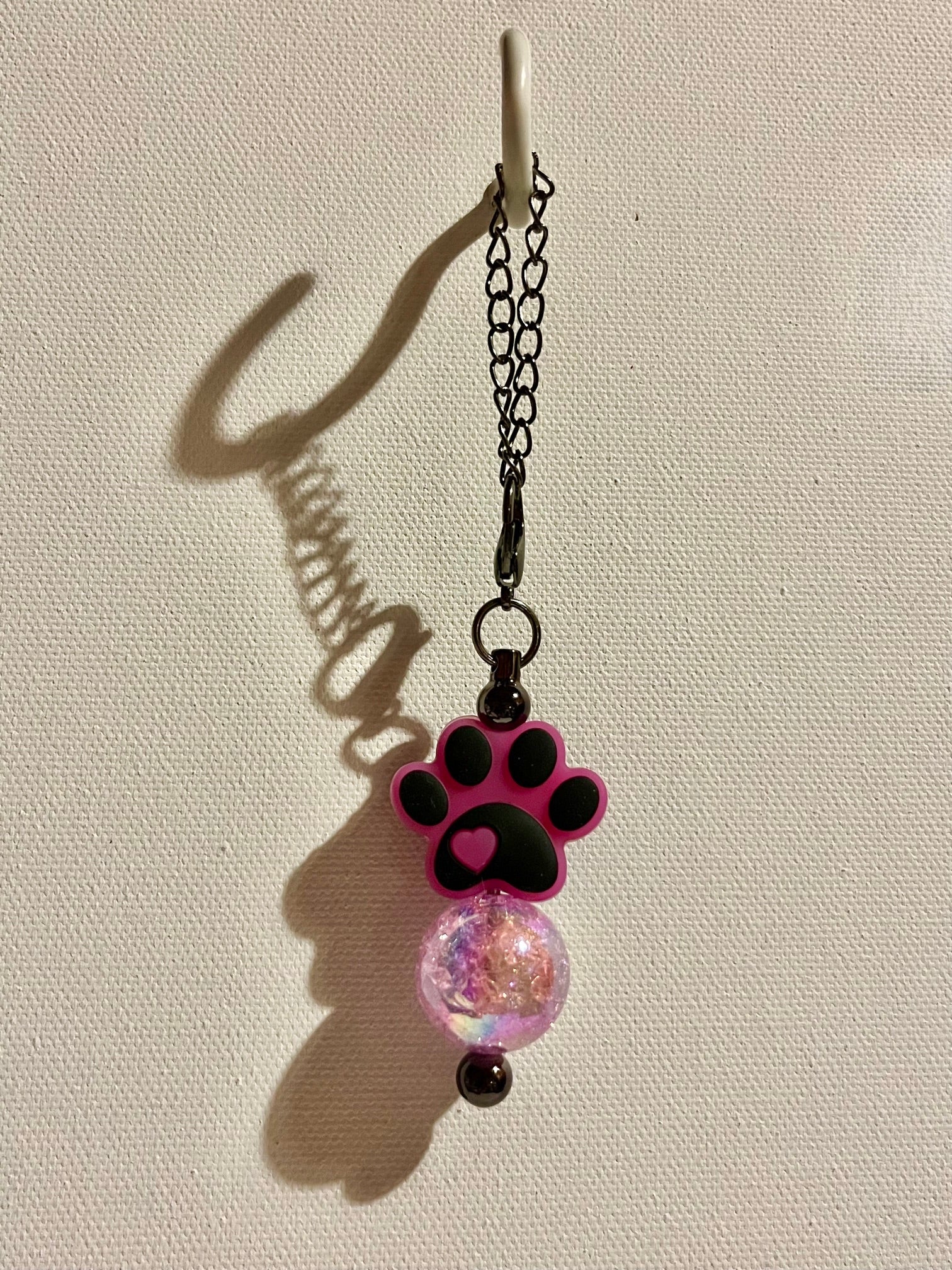 Fuchsia & Black Paw Print Cup Charm with Iridescent Multicolored Bead