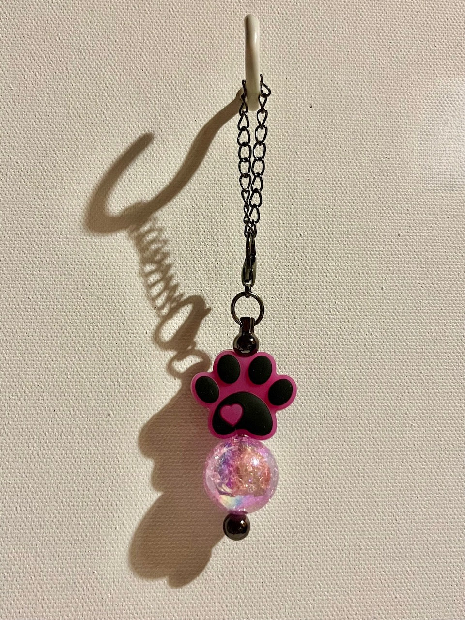 Fuchsia & Black Paw Print Cup Charm with Iridescent Multicolored Bead