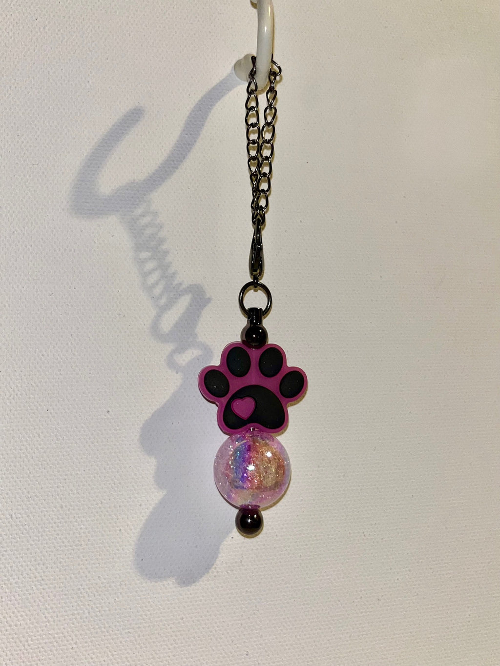Fuchsia & Black Paw Print Cup Charm with Iridescent Multicolored Bead