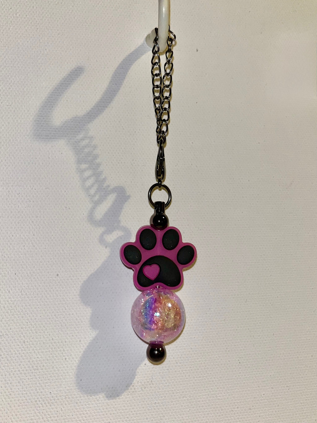 Fuchsia & Black Paw Print Cup Charm with Iridescent Multicolored Bead