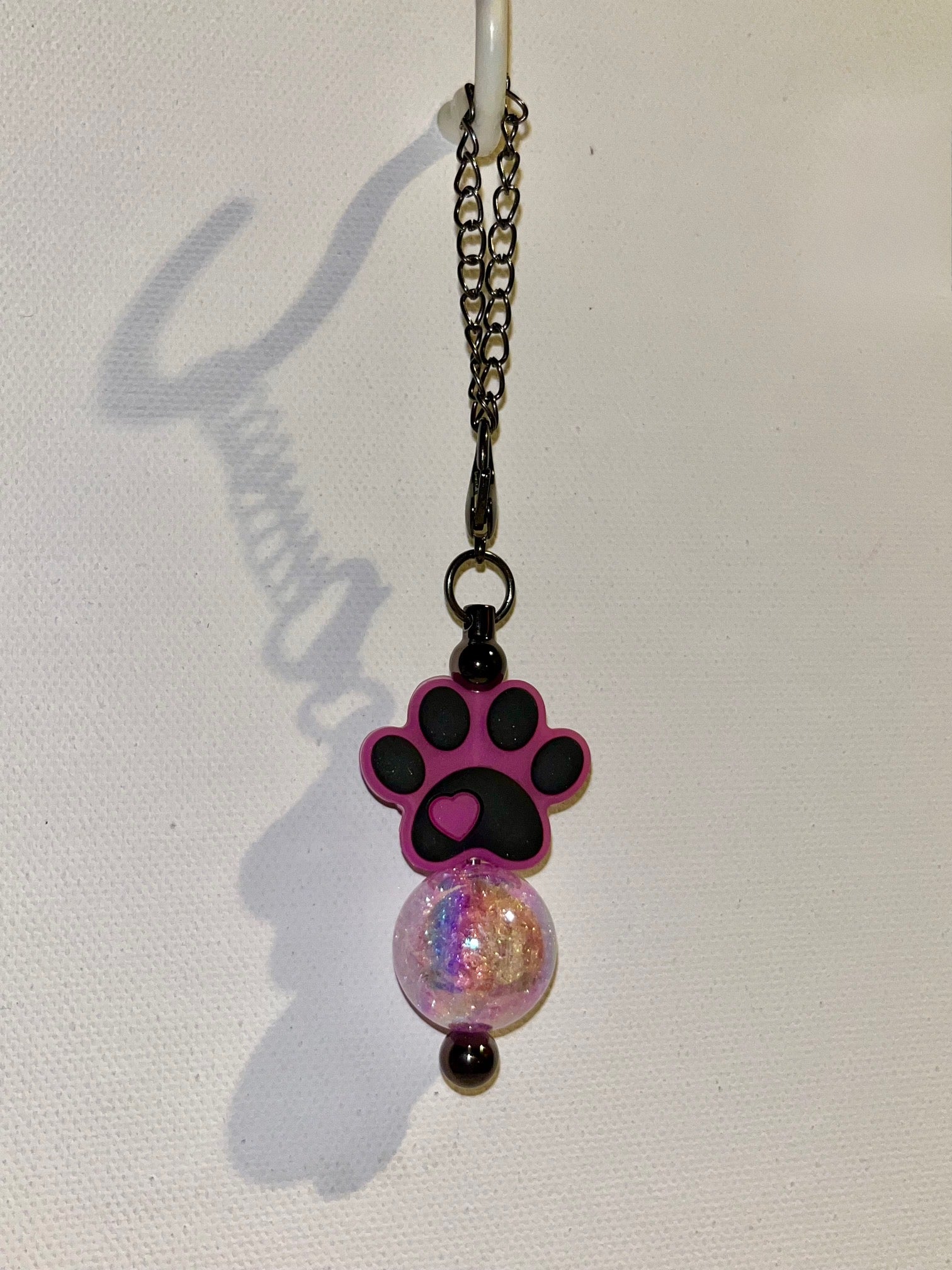 Fuchsia & Black Paw Print Cup Charm with Iridescent Multicolored Bead