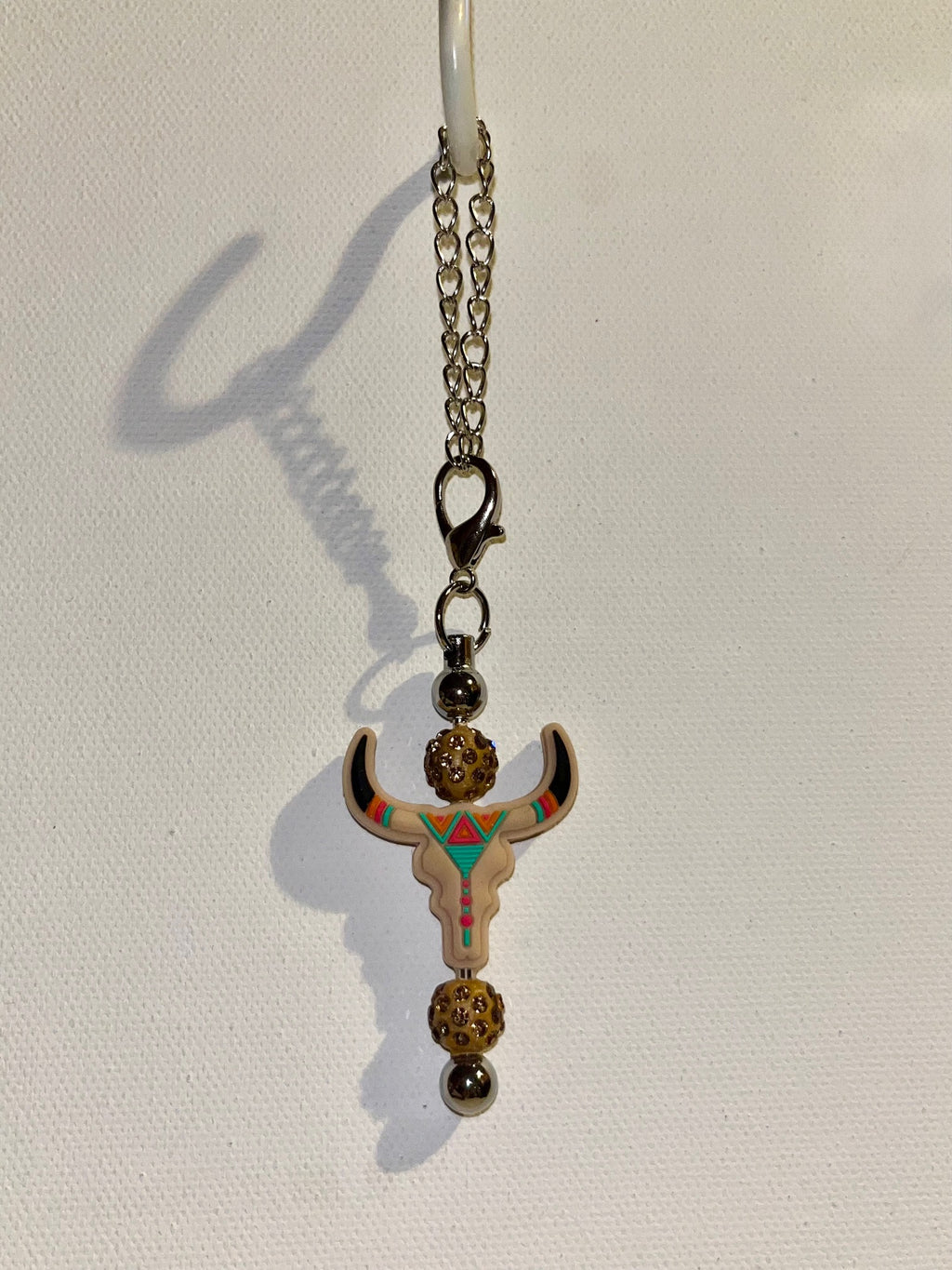 Southwestern Beige/Turquoise/Coral Bull Pendant Cup Charm w/Rhinestone Accents
