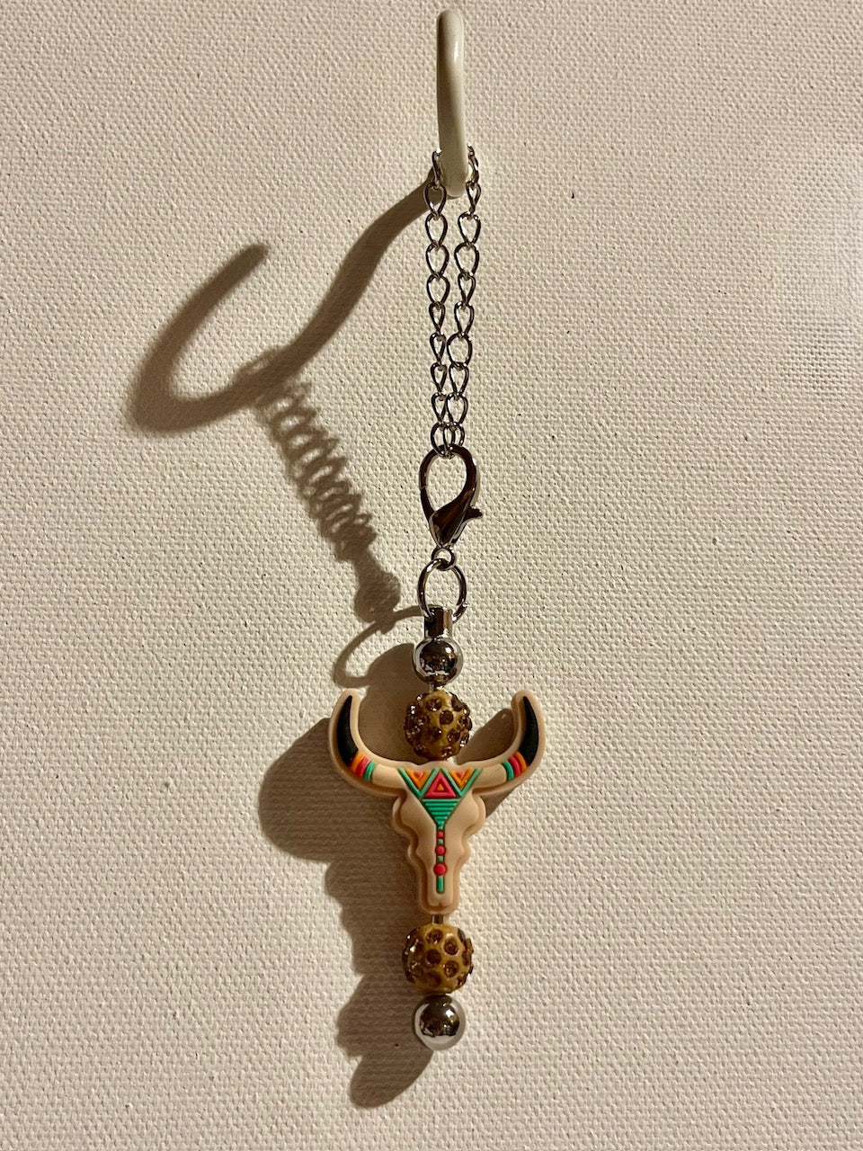 Southwestern Beige/Turquoise/Coral Bull Pendant Cup Charm w/Rhinestone Accents