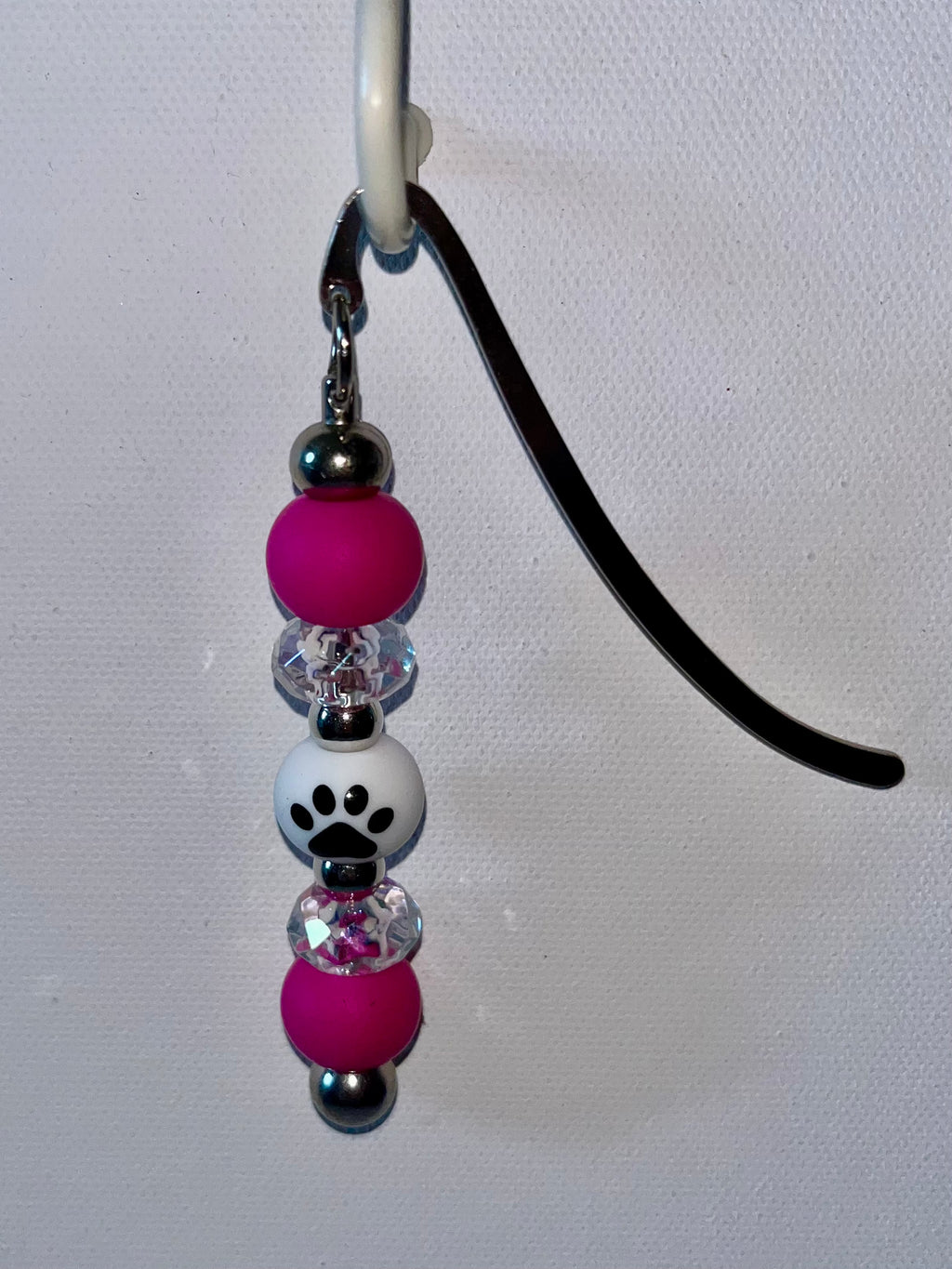 Beaded Bookmark Feat. Hot Pink & Faceted Iridescent Beads w/Paw Print Focal Bead