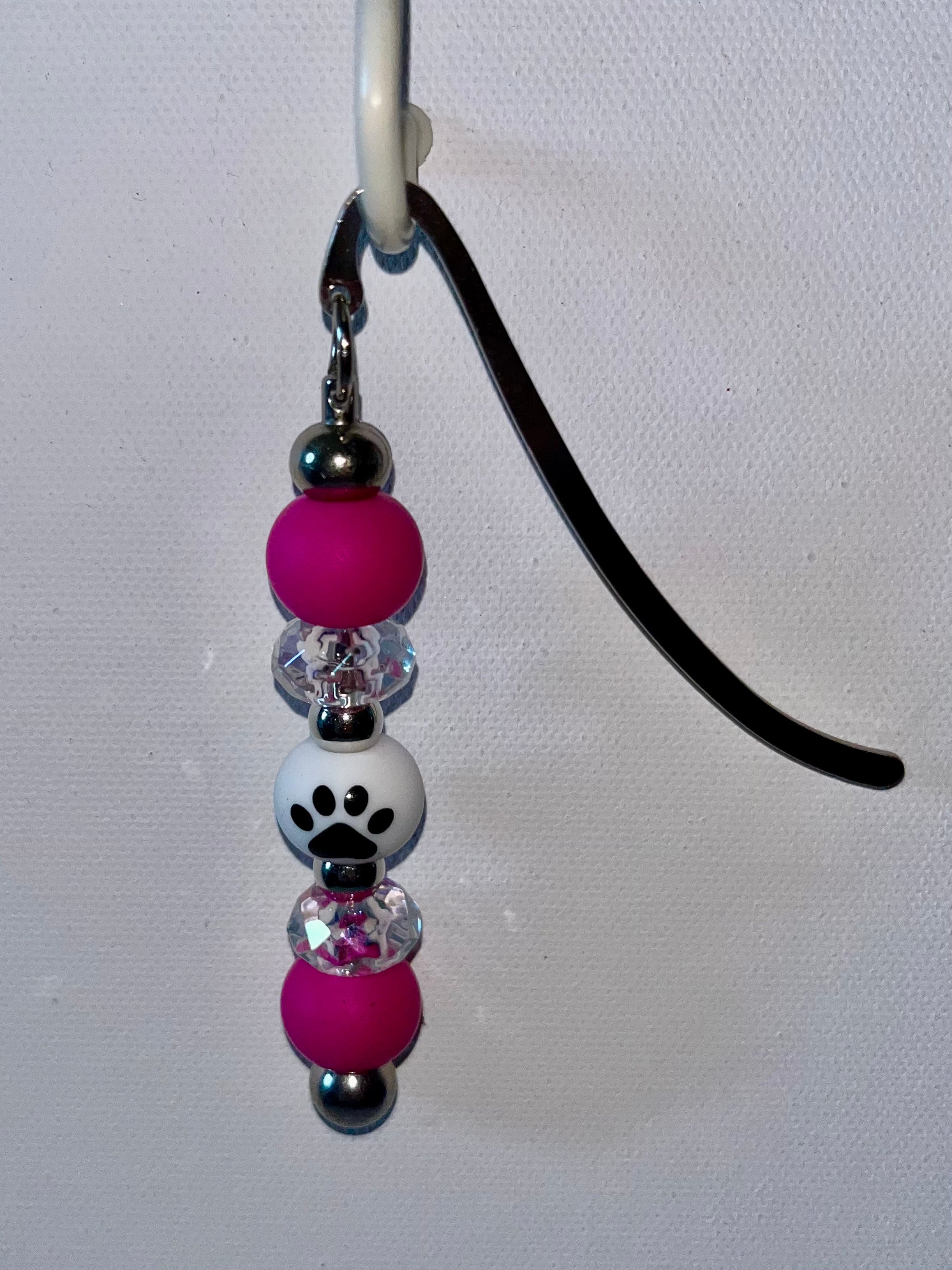 Beaded Bookmark Feat. Hot Pink & Faceted Iridescent Beads w/Paw Print Focal Bead