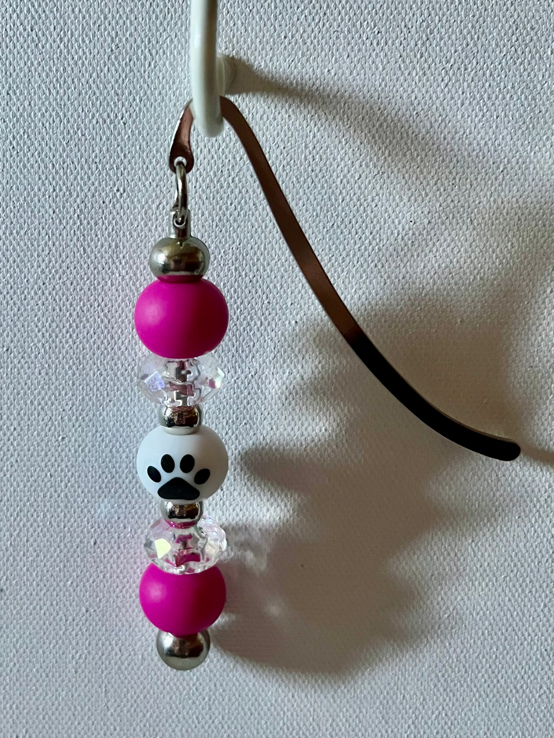 Beaded Bookmark Feat. Hot Pink & Faceted Iridescent Beads w/Paw Print Focal Bead