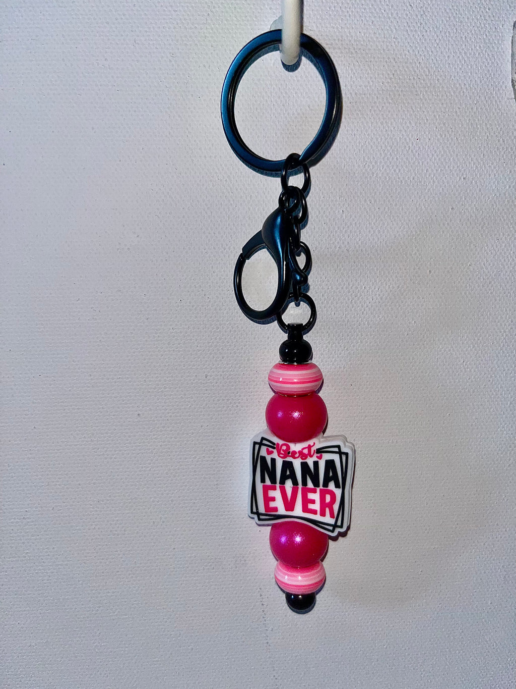 ‘Best Nana Ever’ Iridescent Hot Pink Beaded Keychain w/Pink & Striped Accents