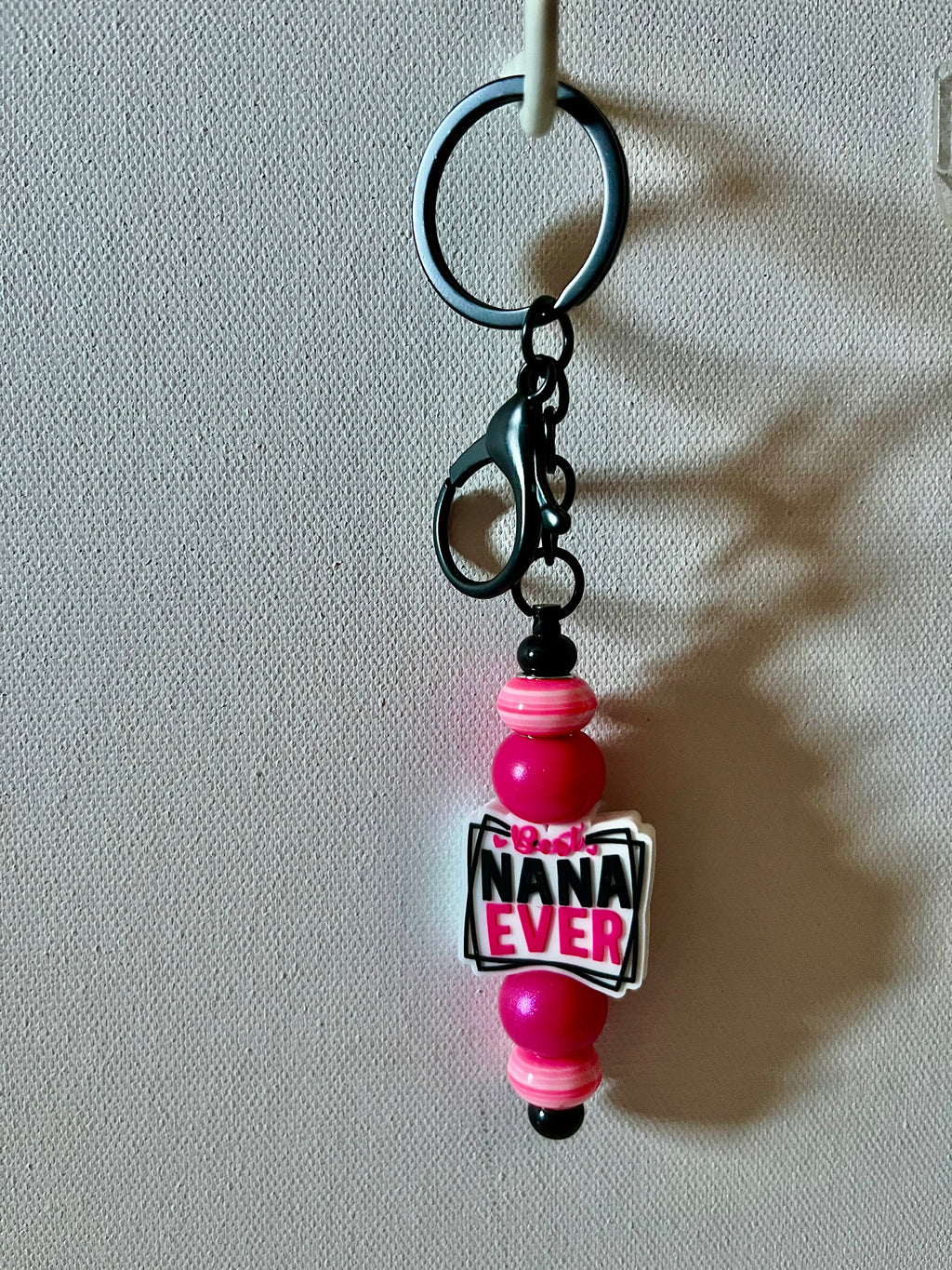 ‘Best Nana Ever’ Iridescent Hot Pink Beaded Keychain w/Pink & Striped Accents