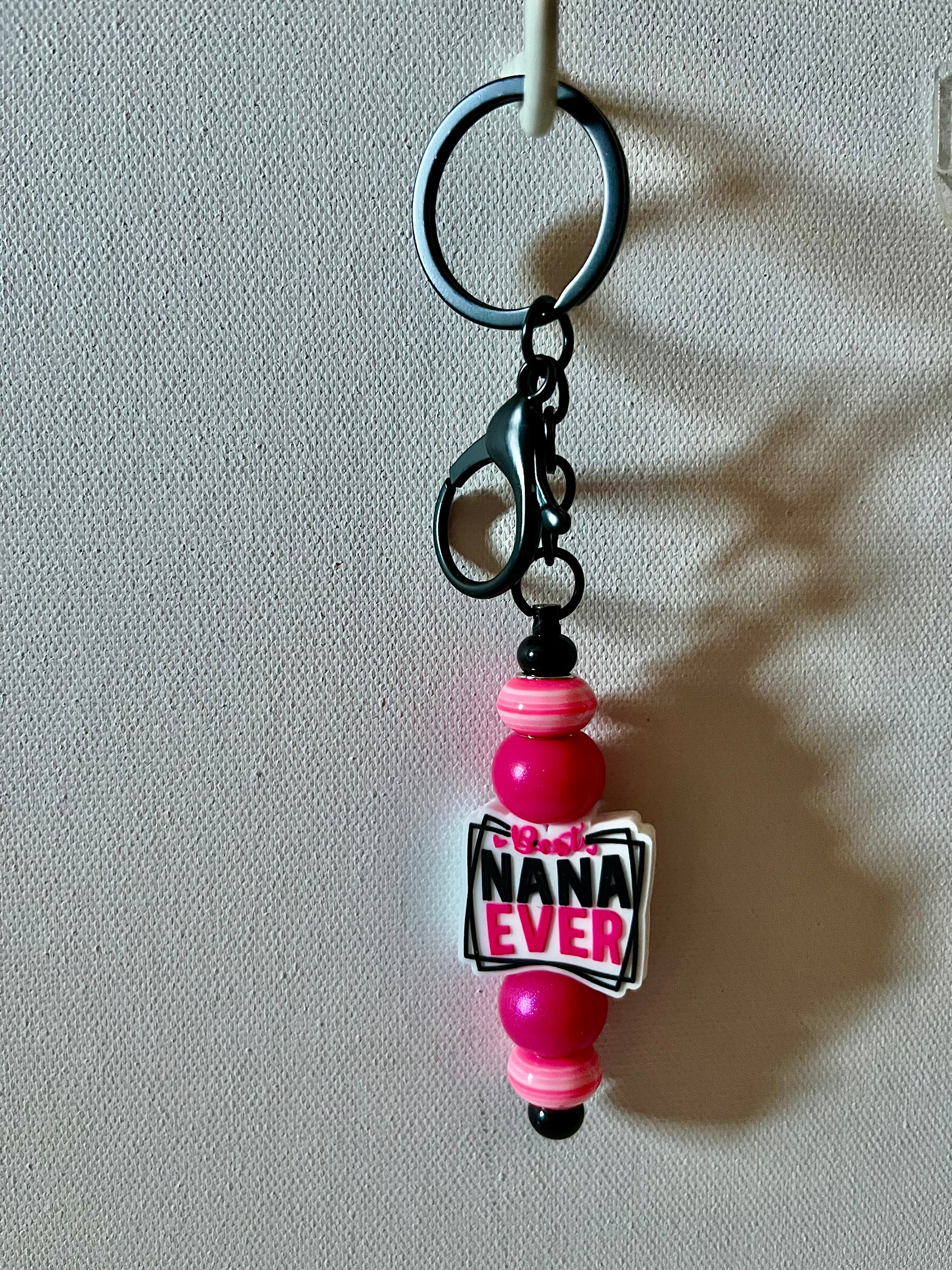‘Best Nana Ever’ Iridescent Hot Pink Beaded Keychain w/Pink & Striped Accents