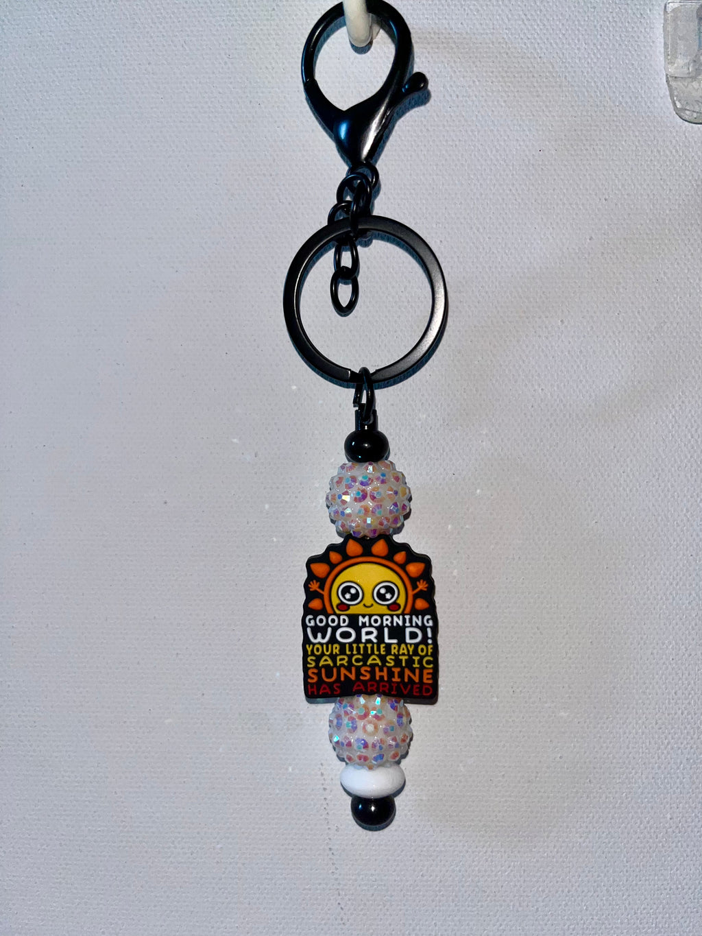 Sarcastic Sunshine Keychain Charm on Black Hardware w/Iridescent White Pavé