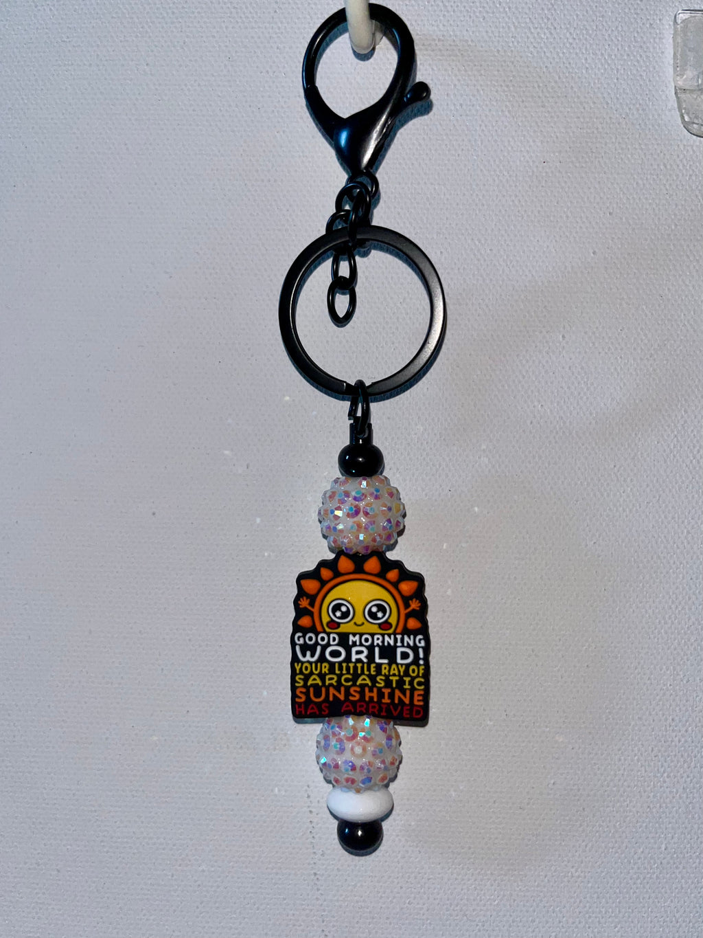 Sarcastic Sunshine Keychain Charm on Black Hardware w/Iridescent White Pavé