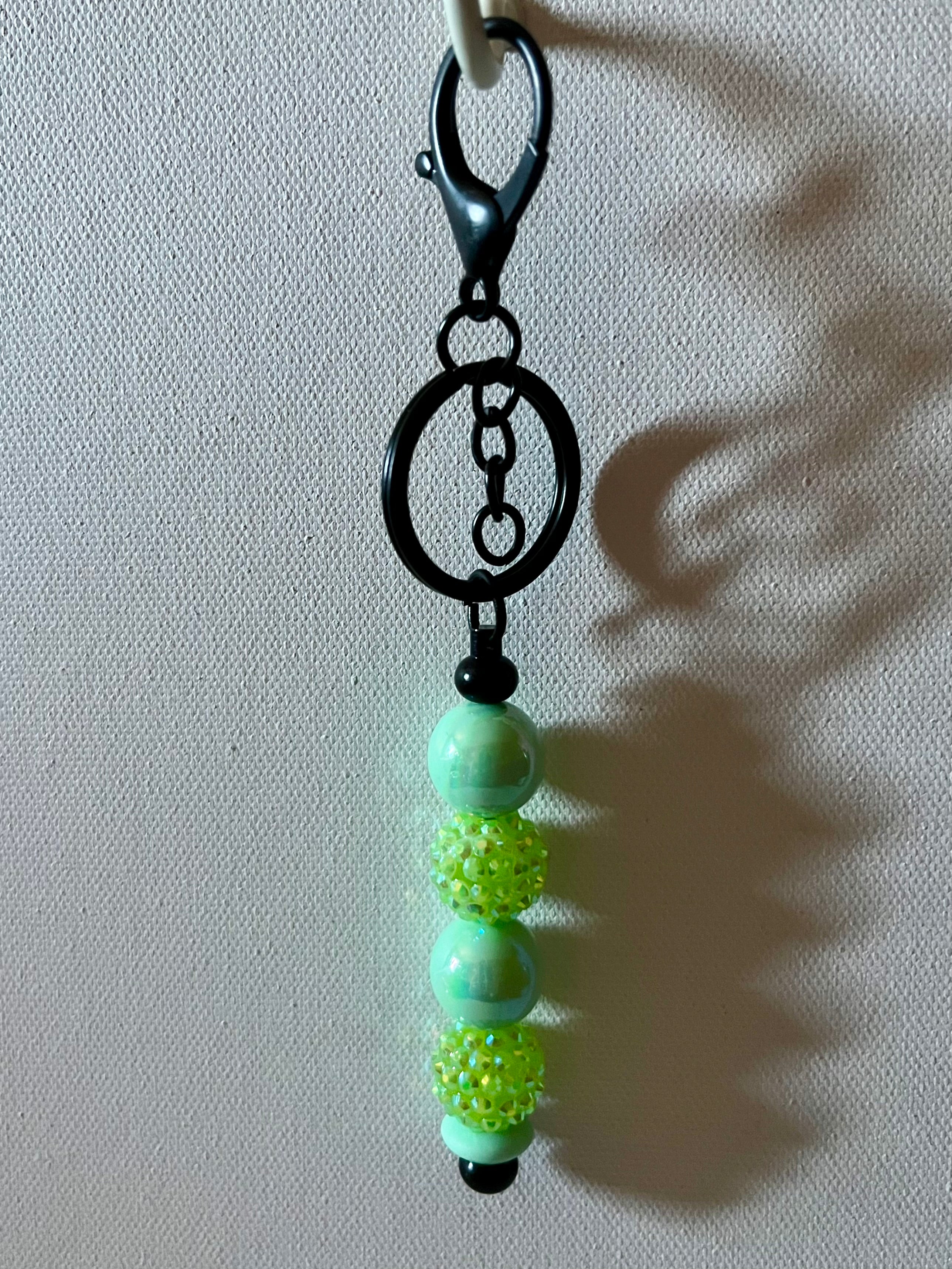 Black Keychain Feat. Iridescent Mint Green Beads & Yellow-Green Pavé Beads